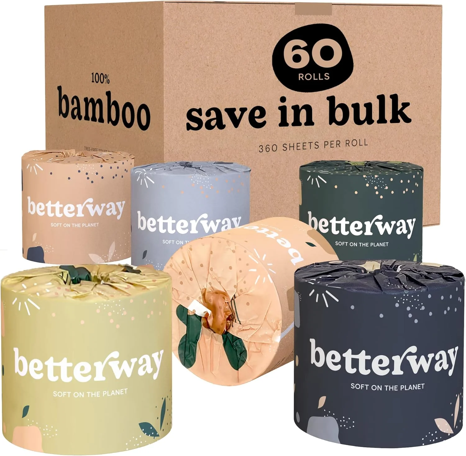 Bamboo Toilet Paper 3 Ply - Sustainable Tissue 360 Sheets Per Roll - Septic Safe - Organic. Plastic Free. Compostable & Biodegradable