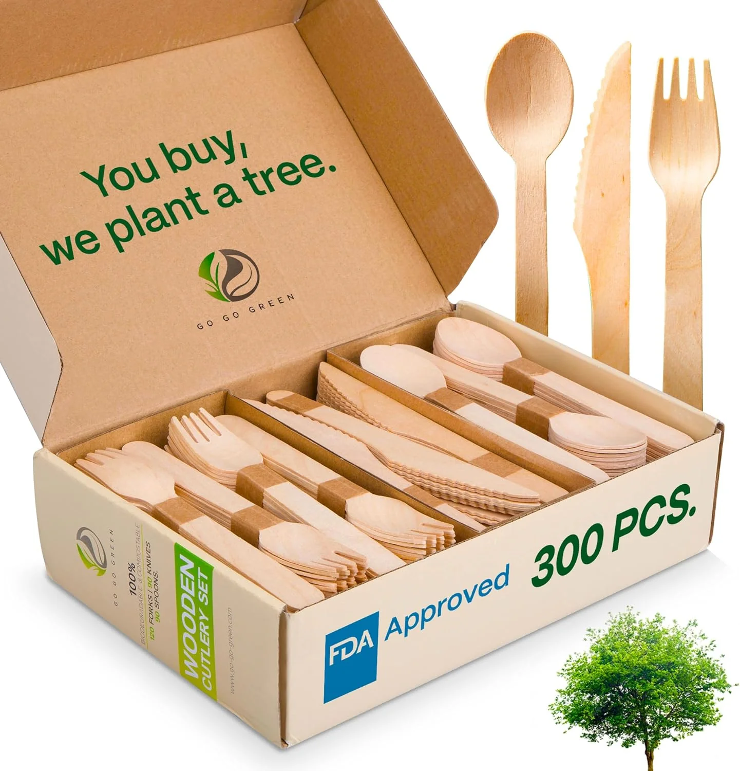 100% Compostable Cutlery Set - 300 Pieces Wooden Utensils. 120 Forks. 90 Knives. 90 Spoons - Disposable Eco Friendly