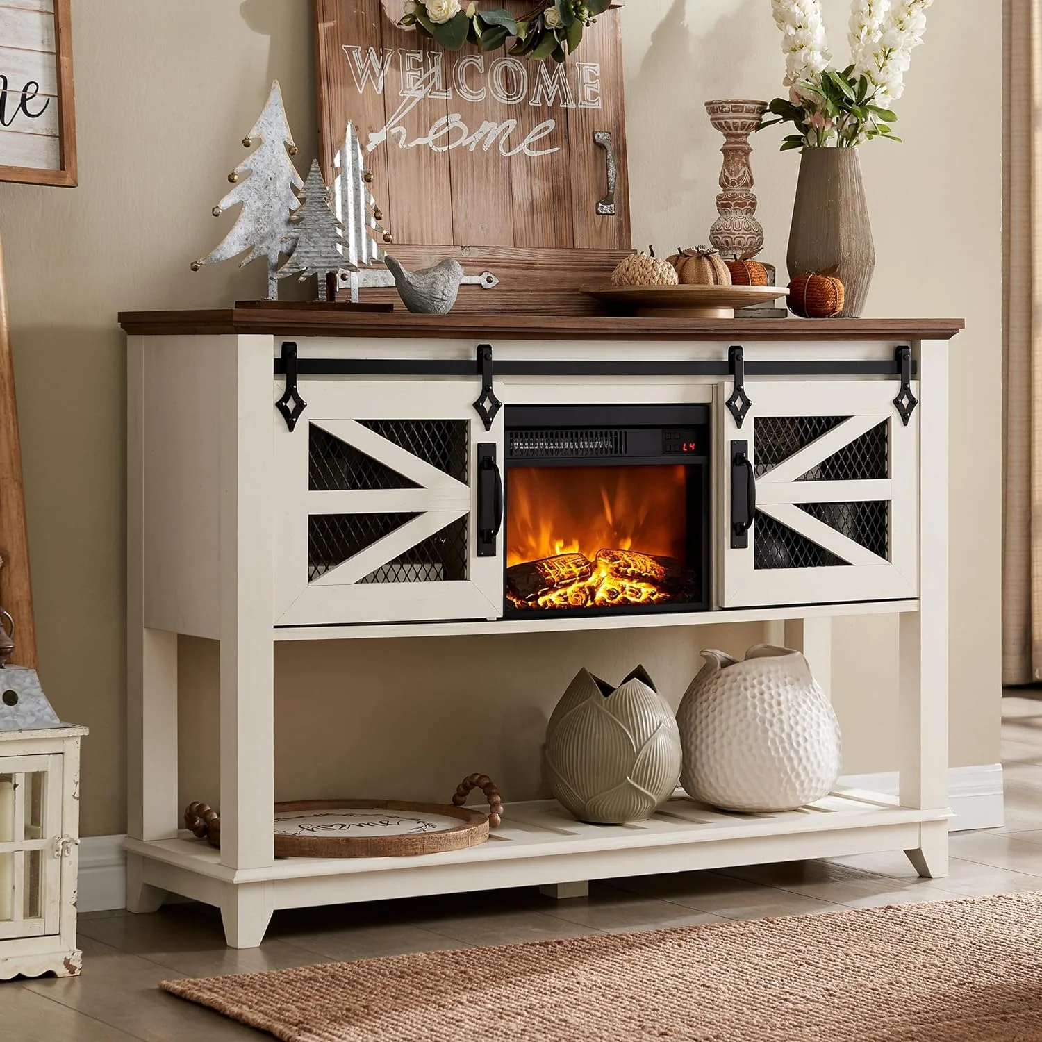 13'' Electric Fireplace Heater & Sliding Barn Doors. 46'' Console Table with Storage