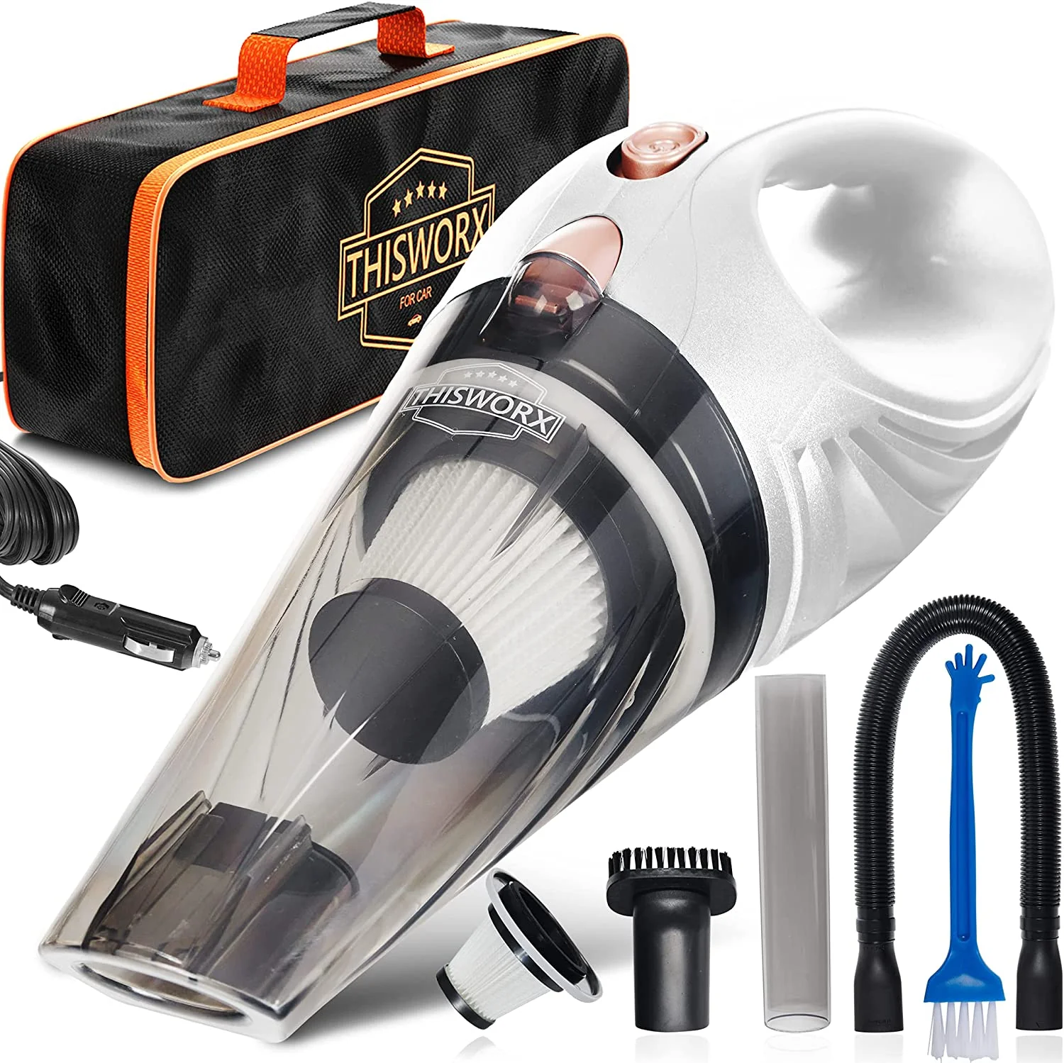 Car Vacuum Cleaner. Small 12V High Power Handheld Portable Car Vacuum w/Attachments. 16 Ft Cord & Bag
