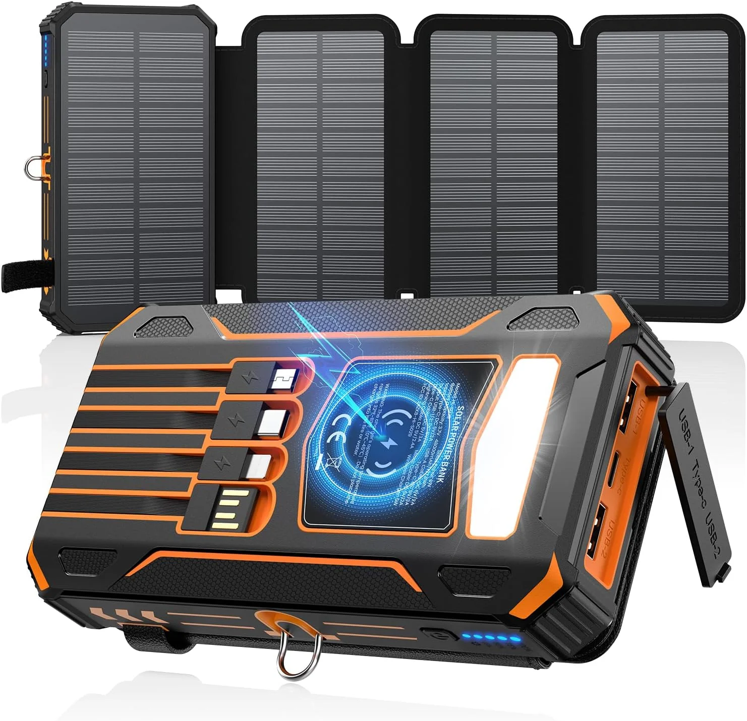 SOARAISE Solar Charger Power Bank - 48000mAh Wireless Portable Charger Built-in 4 Cables and 4 Solar Panels. PD QC 3.0 Fast Charging USB C Battery Pack with Flashlight for Camping Travel