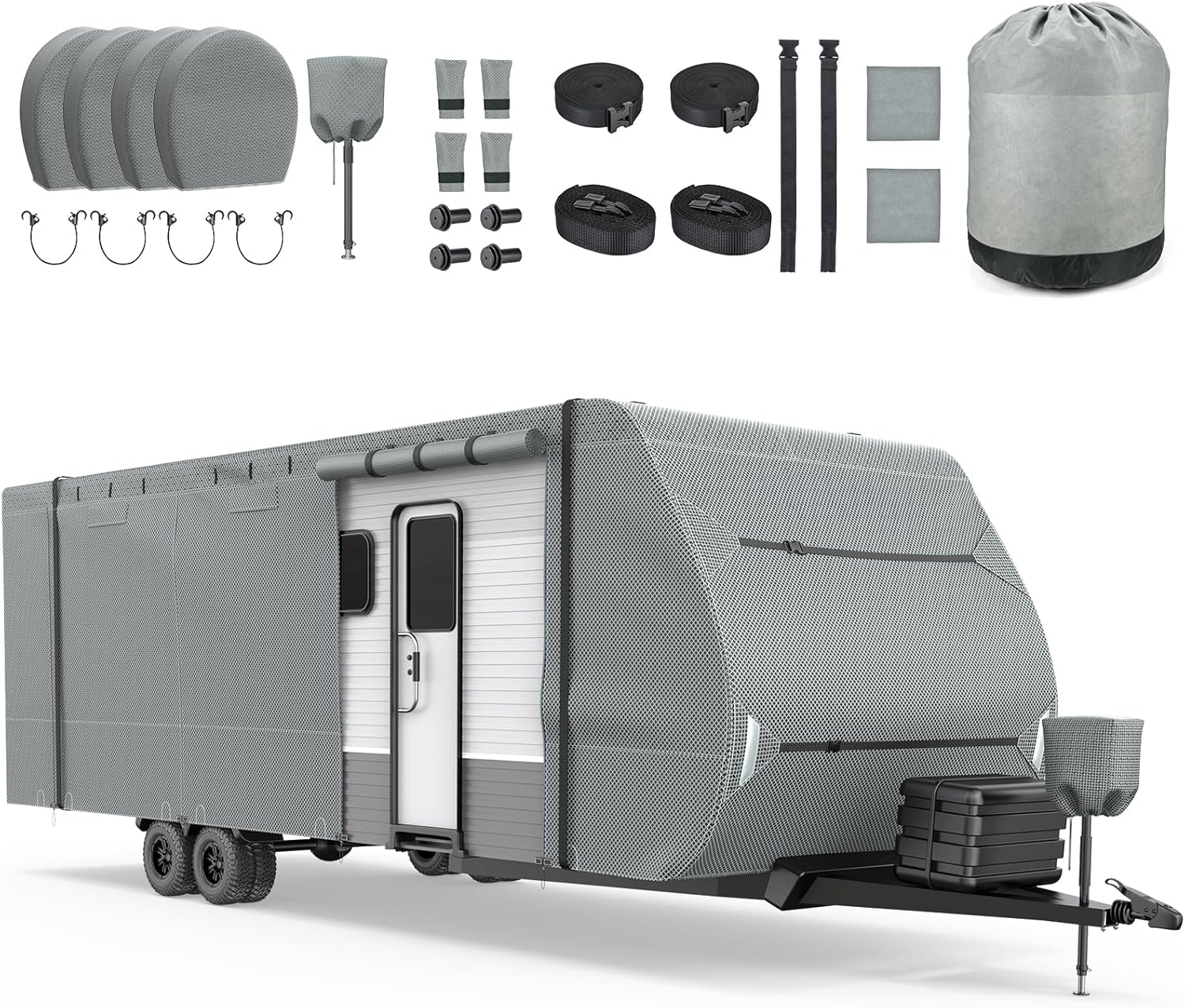 7-Layer RV Cover - Extra-Thick Heavy-Duty Trailer Protection. Includes Gutter. Jack. and Tire Covers. Weatherproof & Anti-UV