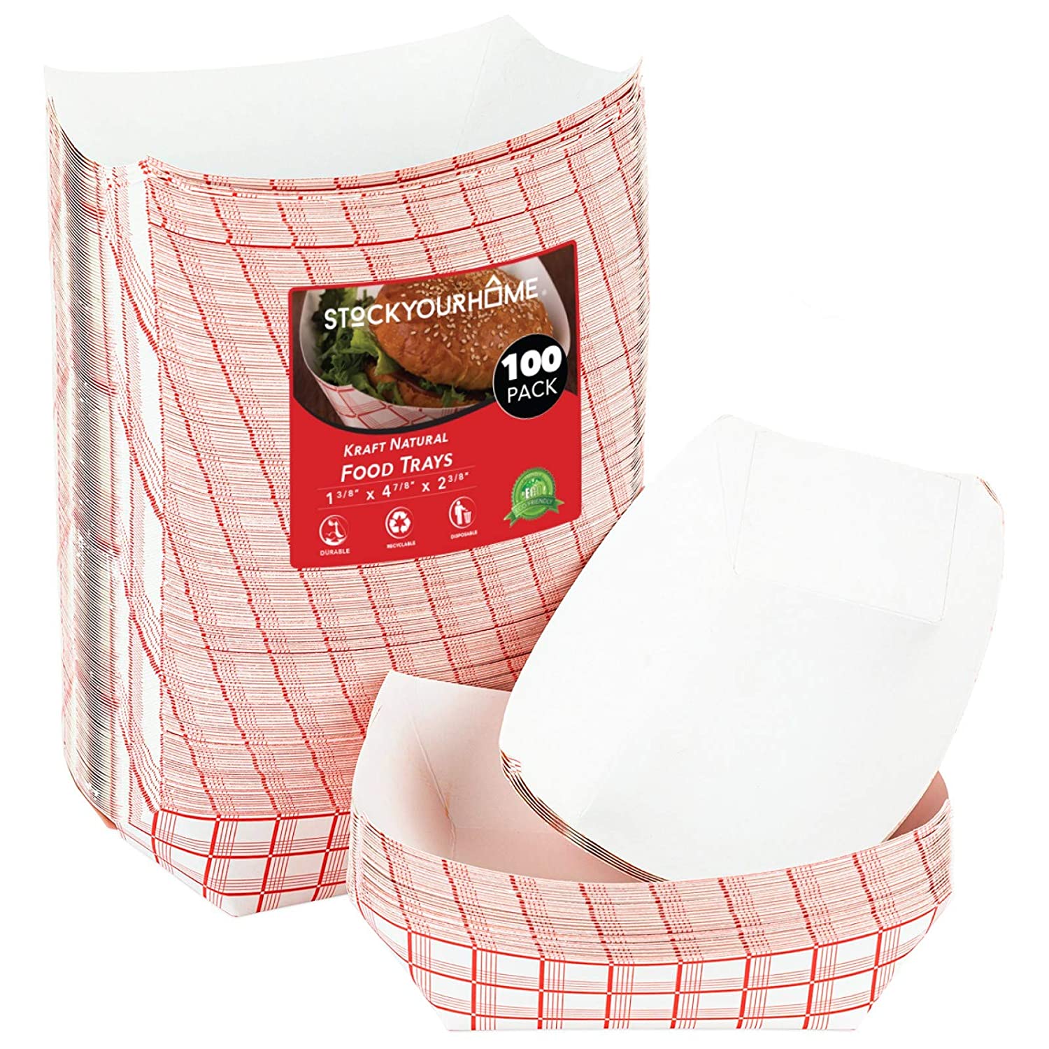 Paper Food Boats 100 Pack - Eco Friendly Red Paper Food Trays 3 Lb – Serving Boats for Concession Food and Condiments. Paper Food Trays 5.75 x 3