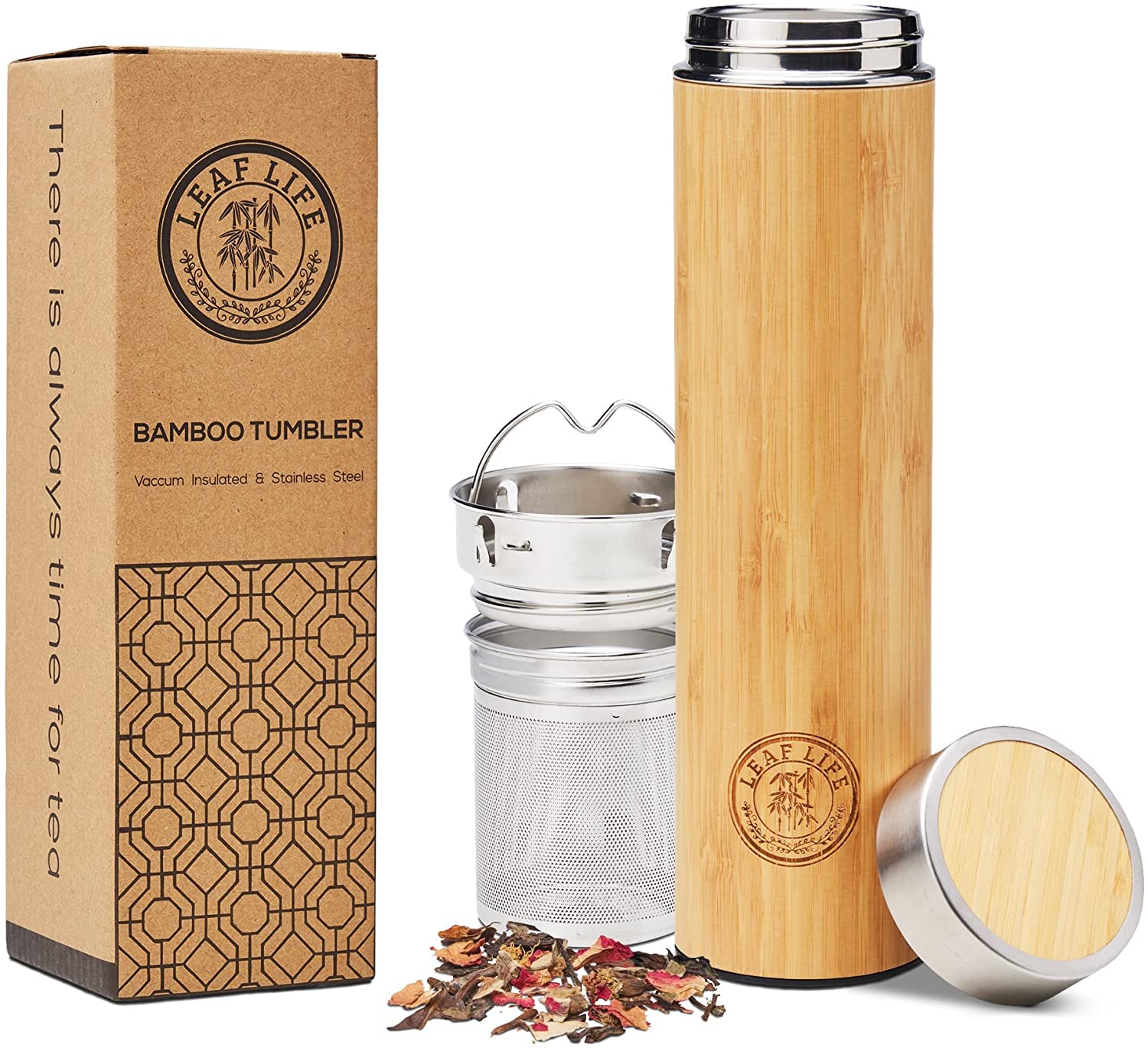 Bamboo Tumbler Vacuum Insulated Stainless Steel Thermos with Tea Infuser and Strainer