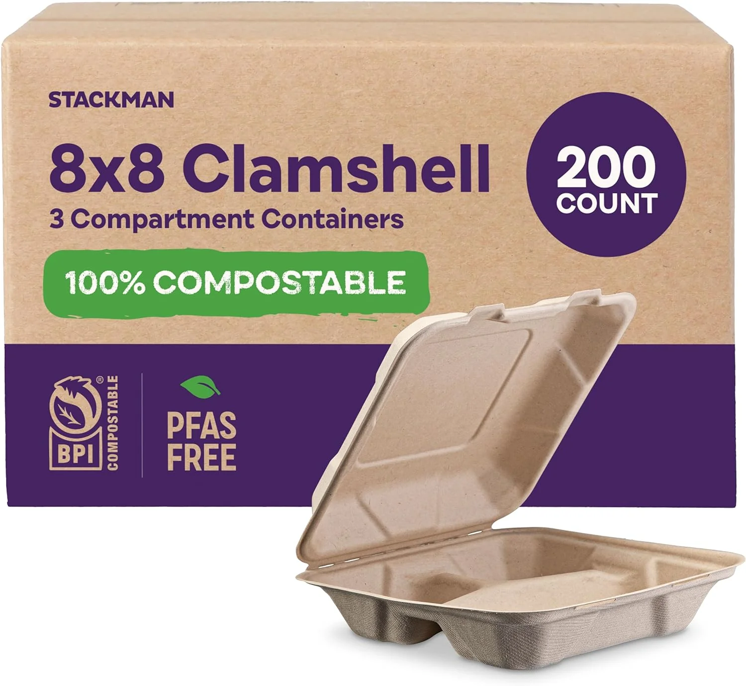 Compostable to Go Containers 3-Compartment Clamshell Take Out Food Container with Hinged Lid. Eco-Friendly. Made of Sugar Cane Bagasse