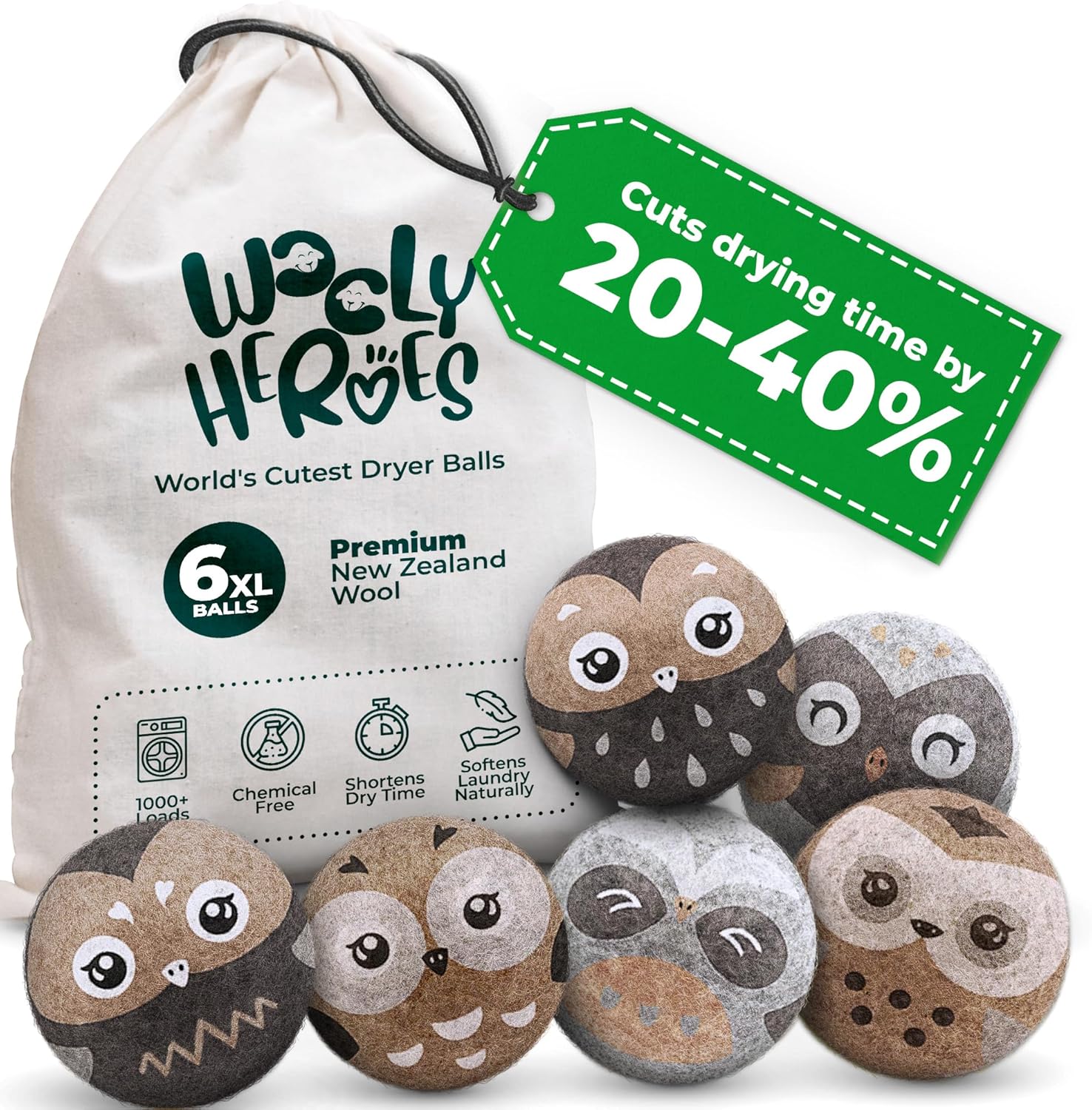 Reusable Wool Dryer Balls 6-Pack XL– Natural Fabric Softener. Reduces Dry Time & Static. Eco-Friendly Laundry Care