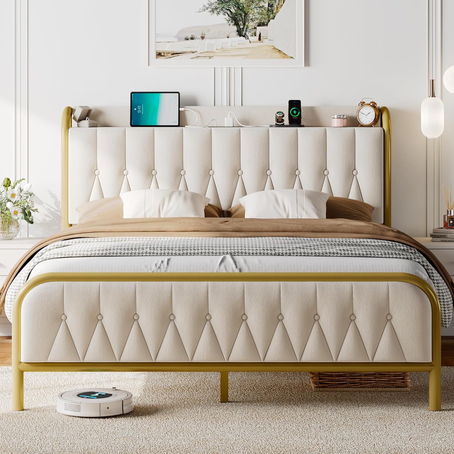 Bed Frame with Type-C & USB Port. Metal Platform Beds. with Linen Upholstered Headboard & Footboard. 12 Underbed Storage Space