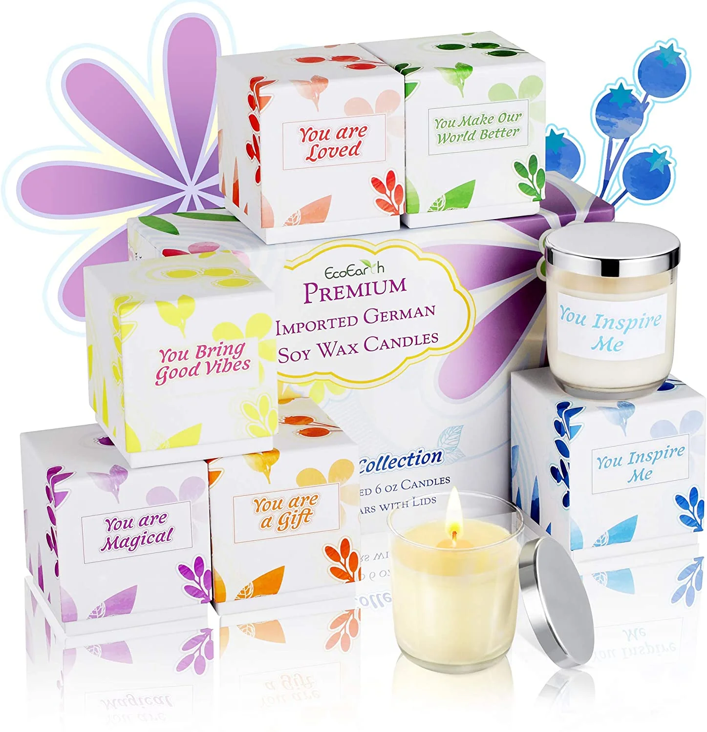 Candle Set. 6 oz 6 Pack Eco-Friendly Jar. Natural German Soy Wax Candles Scented w/ US Essential Oils for Stress Relief