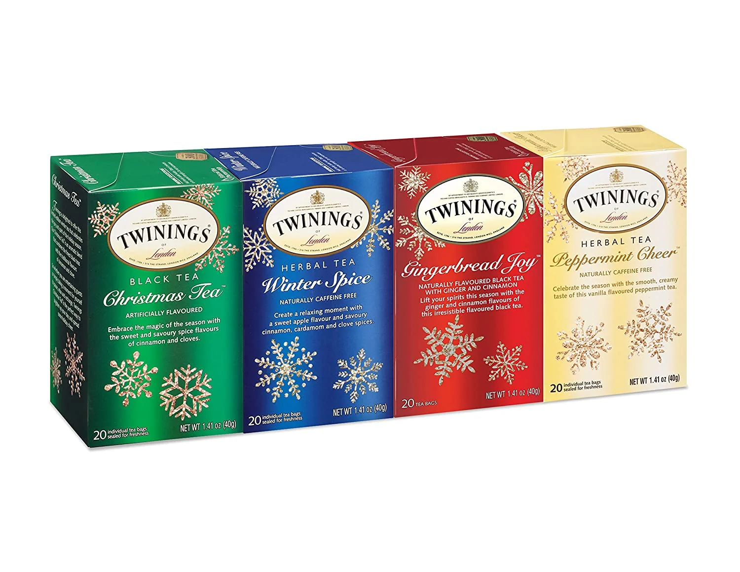Holiday Variety Tea Bag Pack. Peppermint Cheer. Holiday Berry. Christmas Tea. Winter Spice. 20 Count. Pack of 4