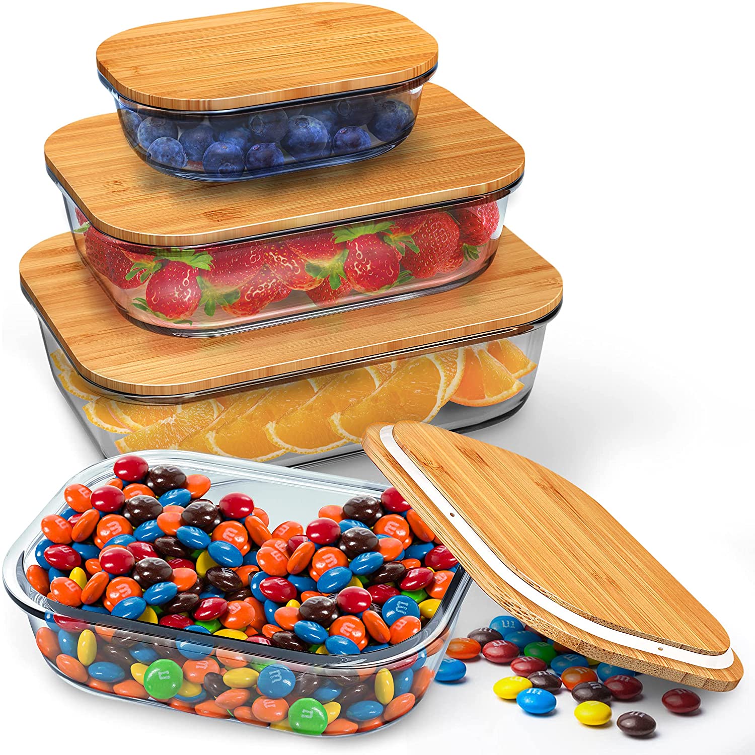 Set of 4 Rectangular Glass Food Storage Containers (12 oz + 20 oz + 35 oz +50 oz) with Eco-Friendly Bamboo Lids