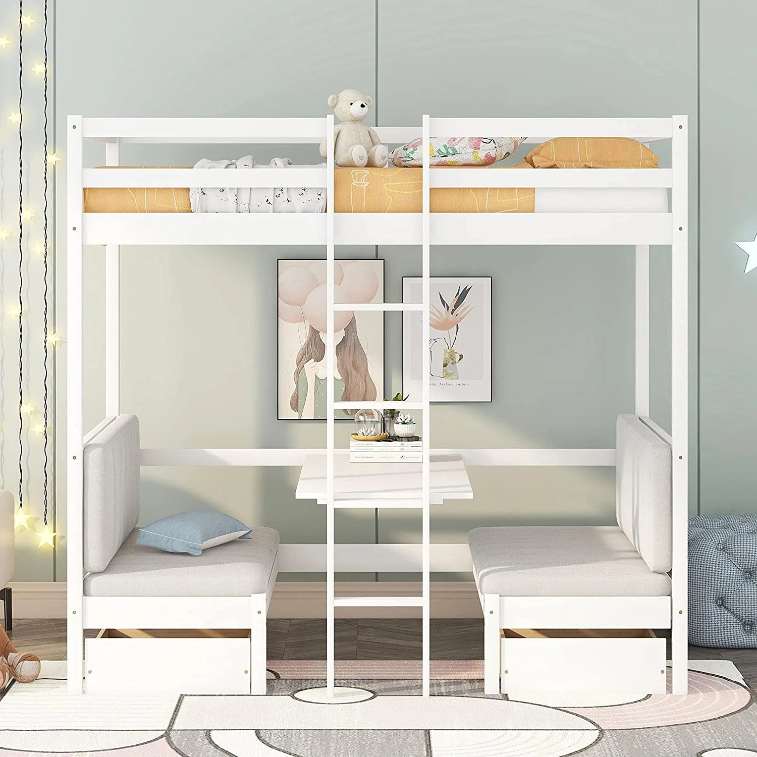 Bunk Beds with Stairs Desk and Seat with 2 Storage Drawers for Kids Teens