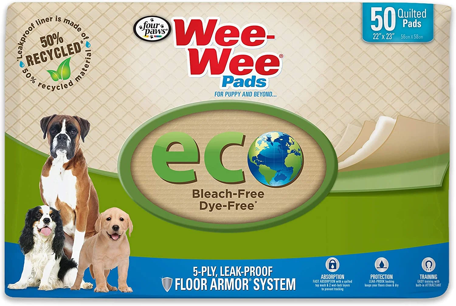 Puppy Pee Pads 22 x 23 Standard Size Eco-Friendly Pads 50-Count