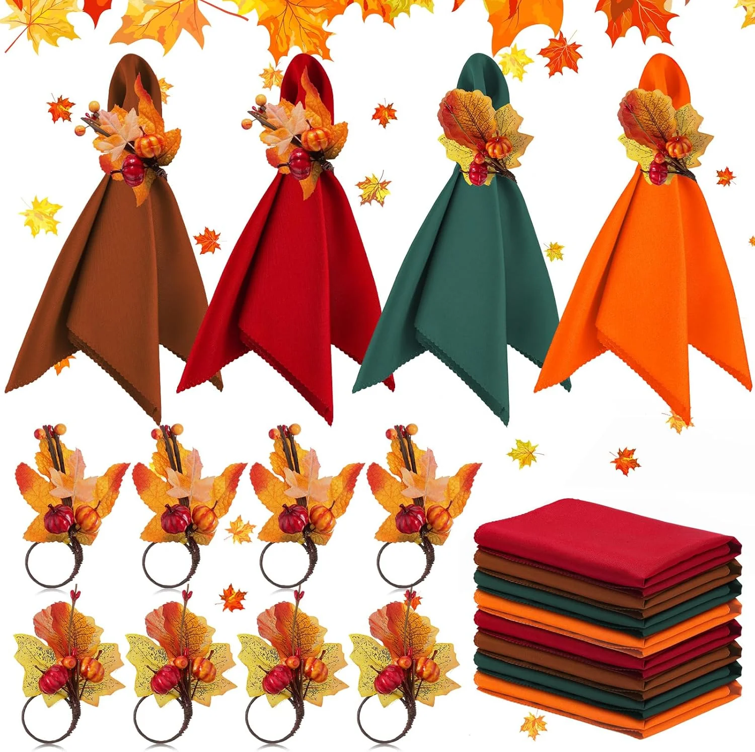 16-Piece Fall Napkin Ring & Napkin Set – 8 Napkin Rings & 8 Washable Napkins for Thanksgiving & Autumn Decor