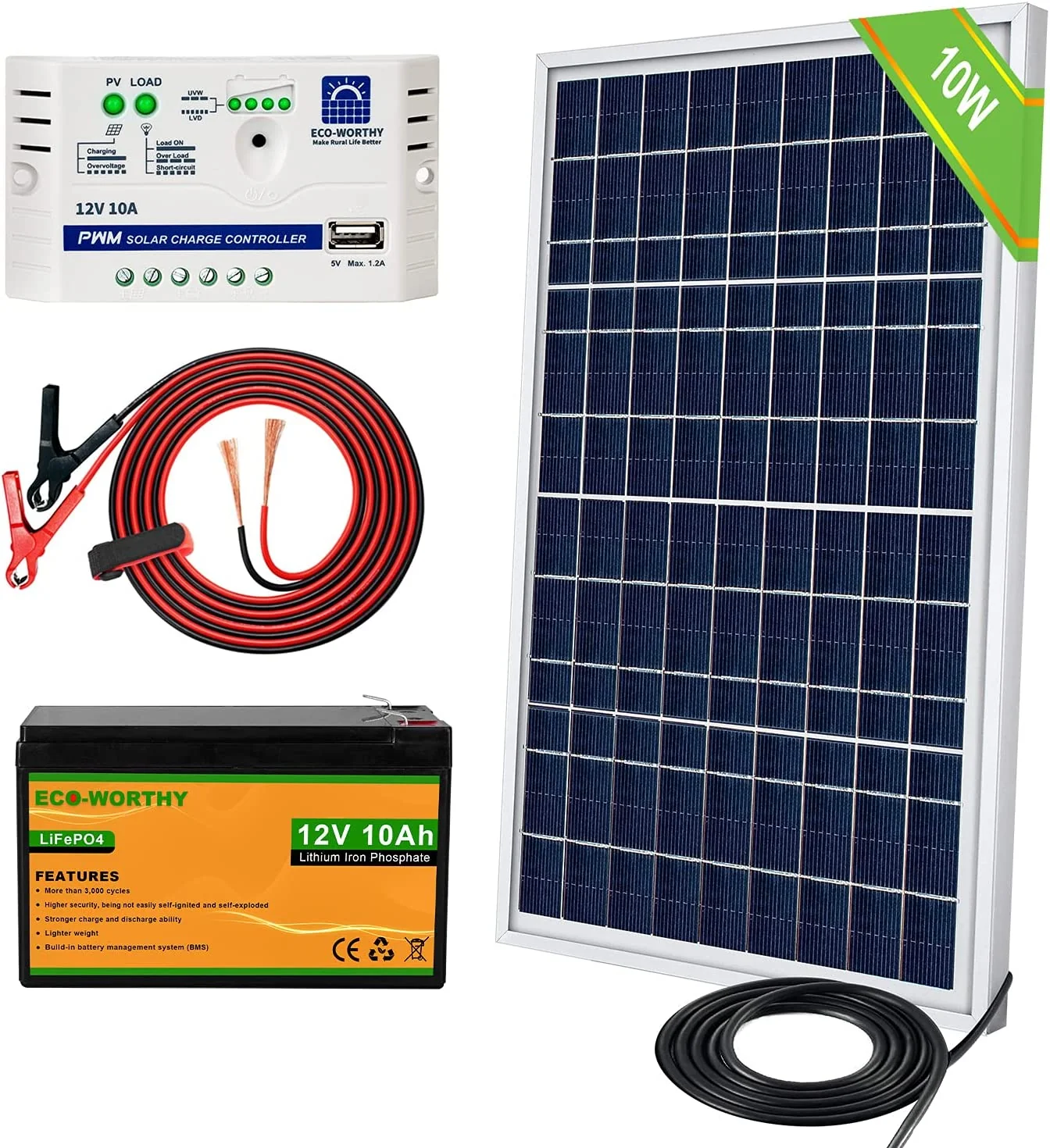 10W 12V Off Grid Small Solar Panel Kit. Waterproof 10 Watt Solar Panel with Charge Controller and Battery Clips Adapter