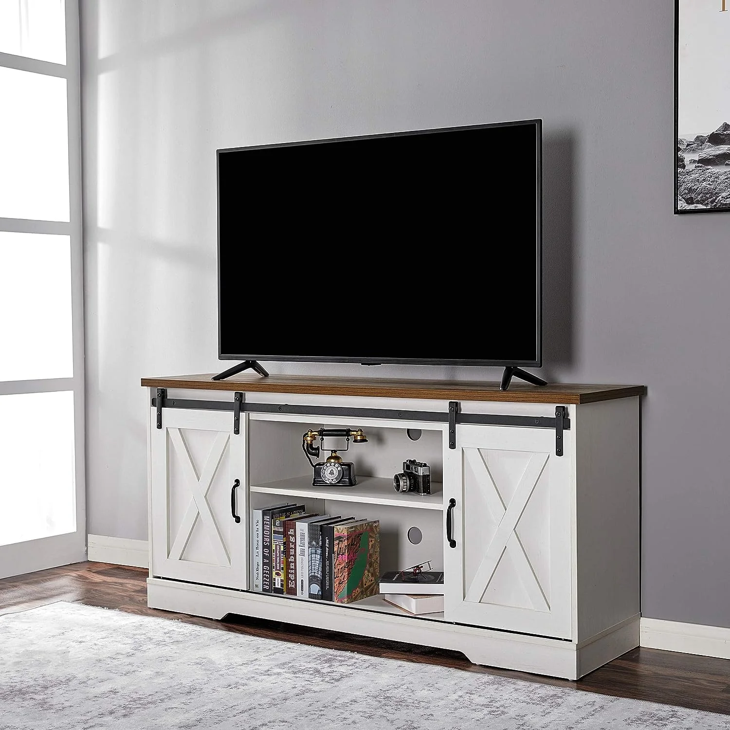 TV Stand. Entertainment Center with Sliding Barn Door and Adjustable Shelf & Feet