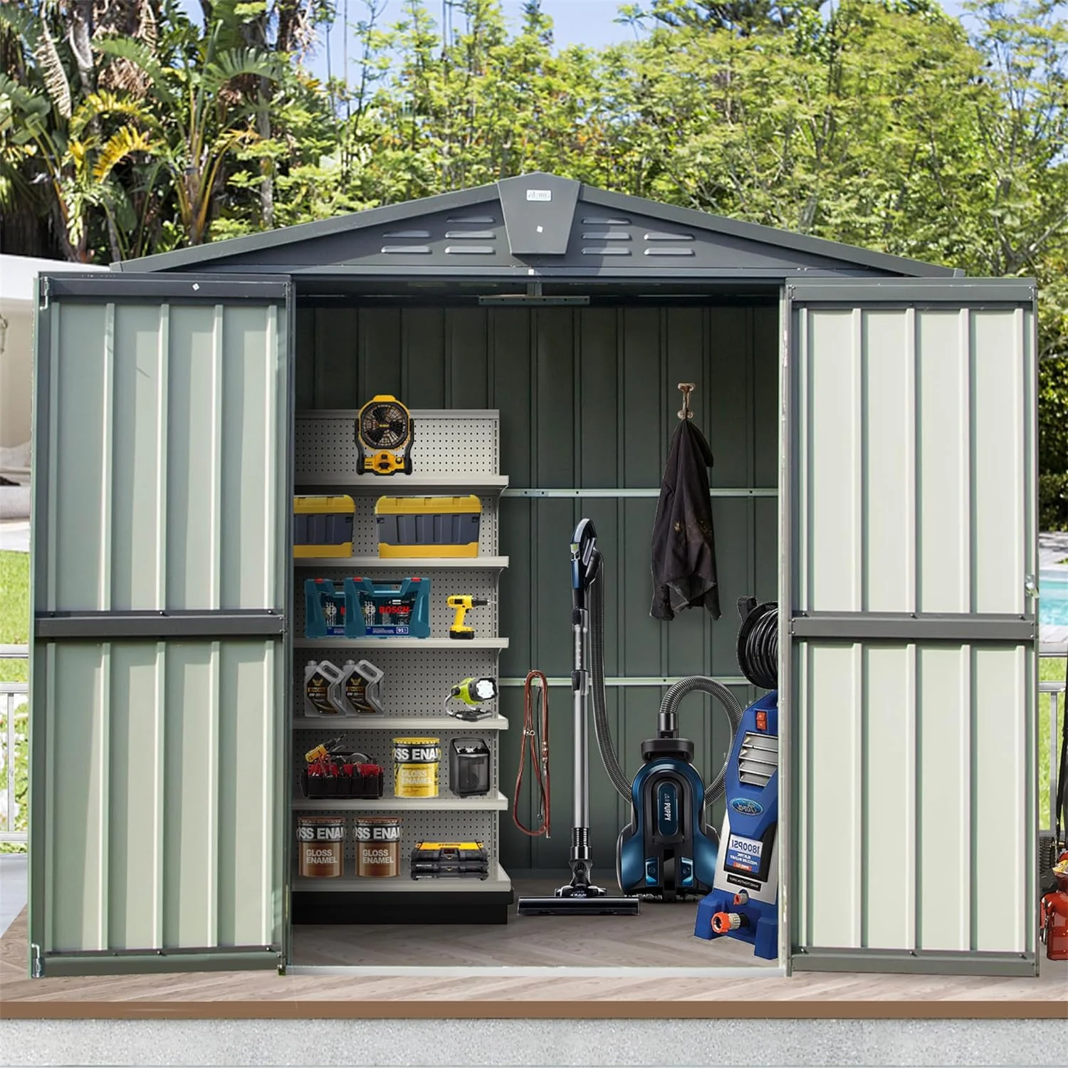Storage Shed. Galvanized Steel Metal Sheds & Outdoor Storage House with Lockable Door. Sloping Roof & Air Vents. Waterproof