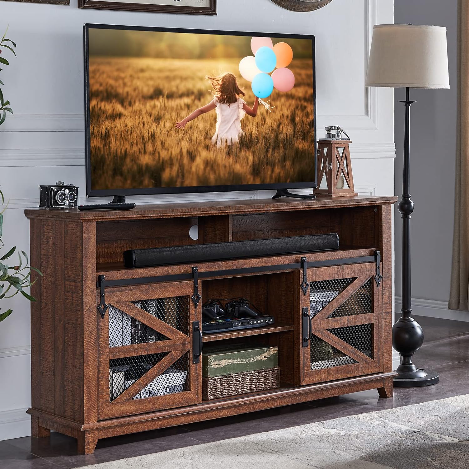 TV Stand for 65+ Inch TV w/Sliding Barn Door. Rustic TV Console Cabinet w/Adjustable Shelves