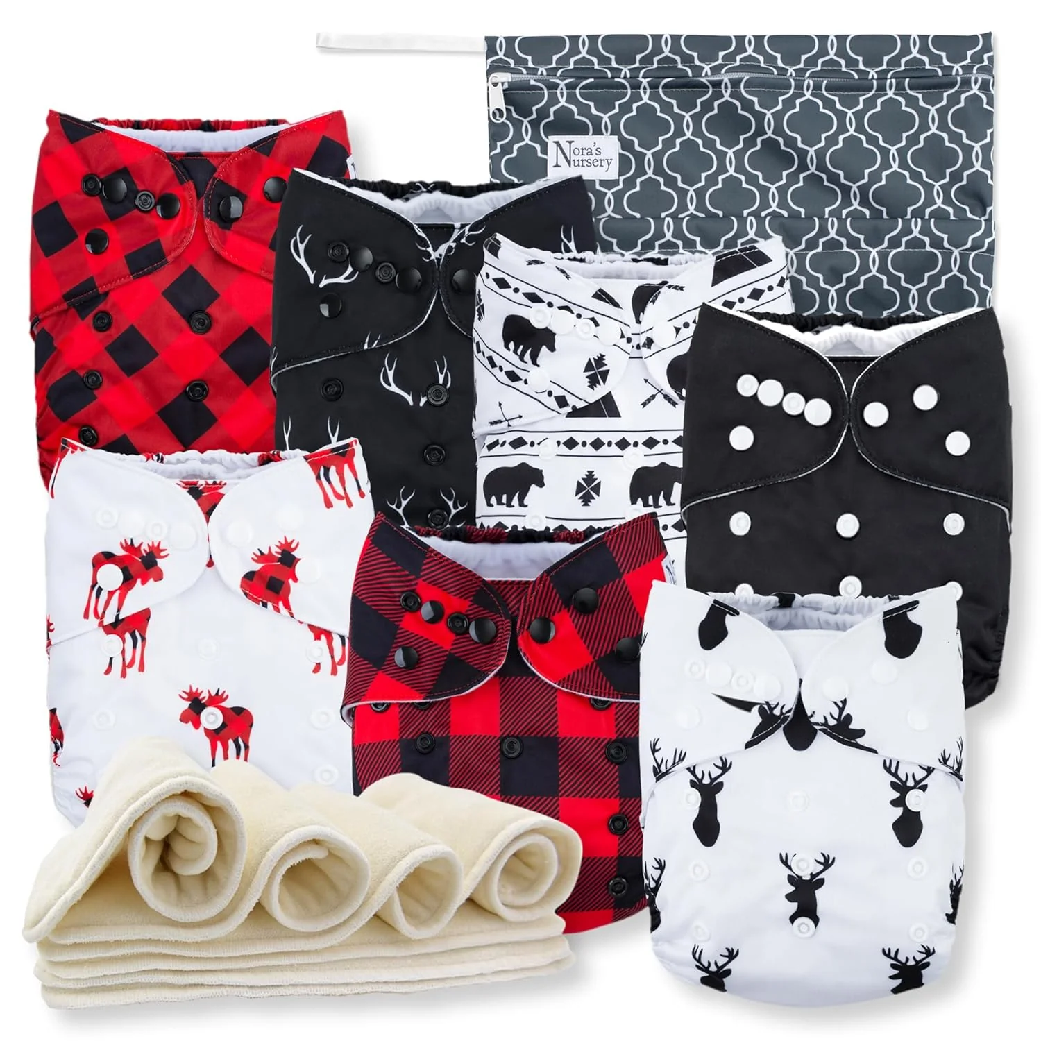 Cloth Diapers 7 Pack with 7 Inserts & 1 Wet Bag. Waterproof Cover. Washable. Reusable & One Size Adjustable Pocket Diapers for Newborns and Toddlers