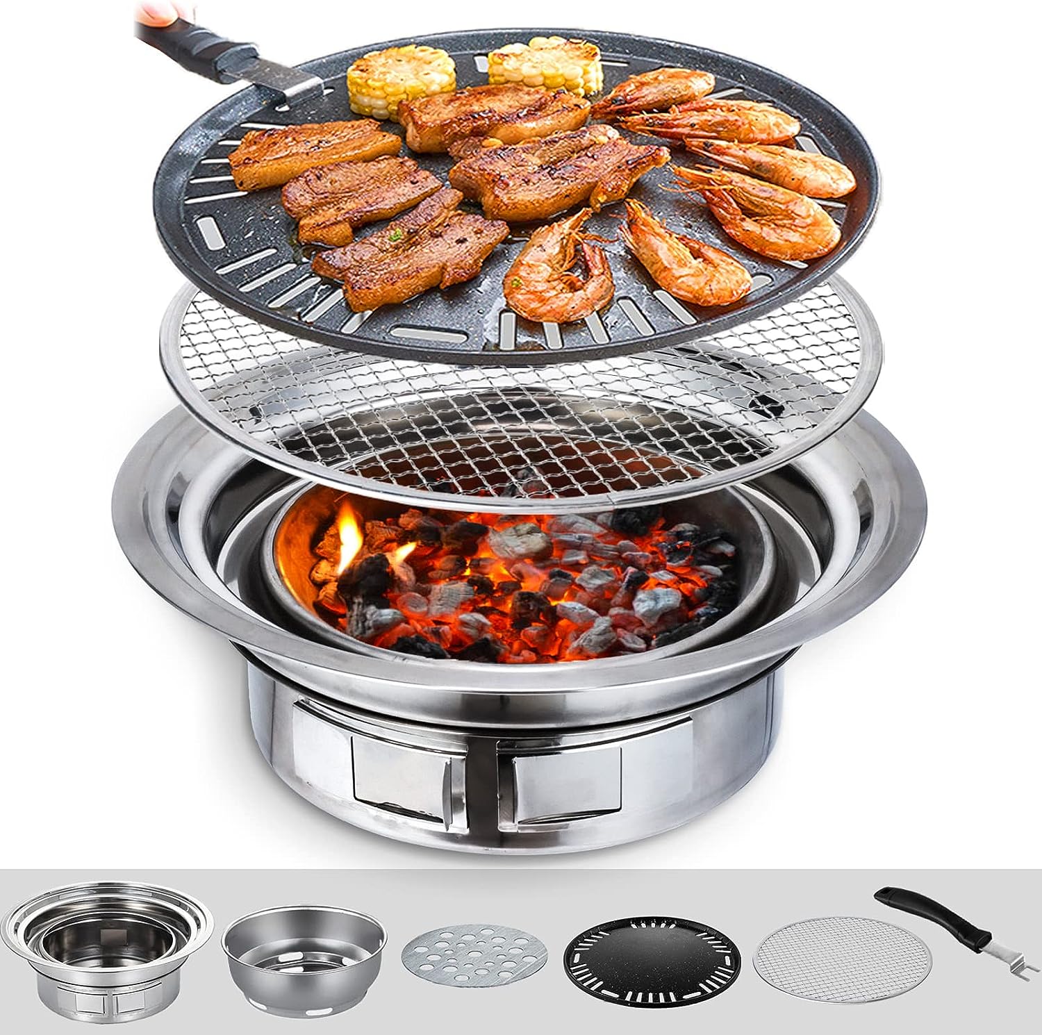 Charcoal Barbecue Grill. 13.7 Inches. Portable Stainless Steel Charcoal Stove for Home Party Outdoor Camping