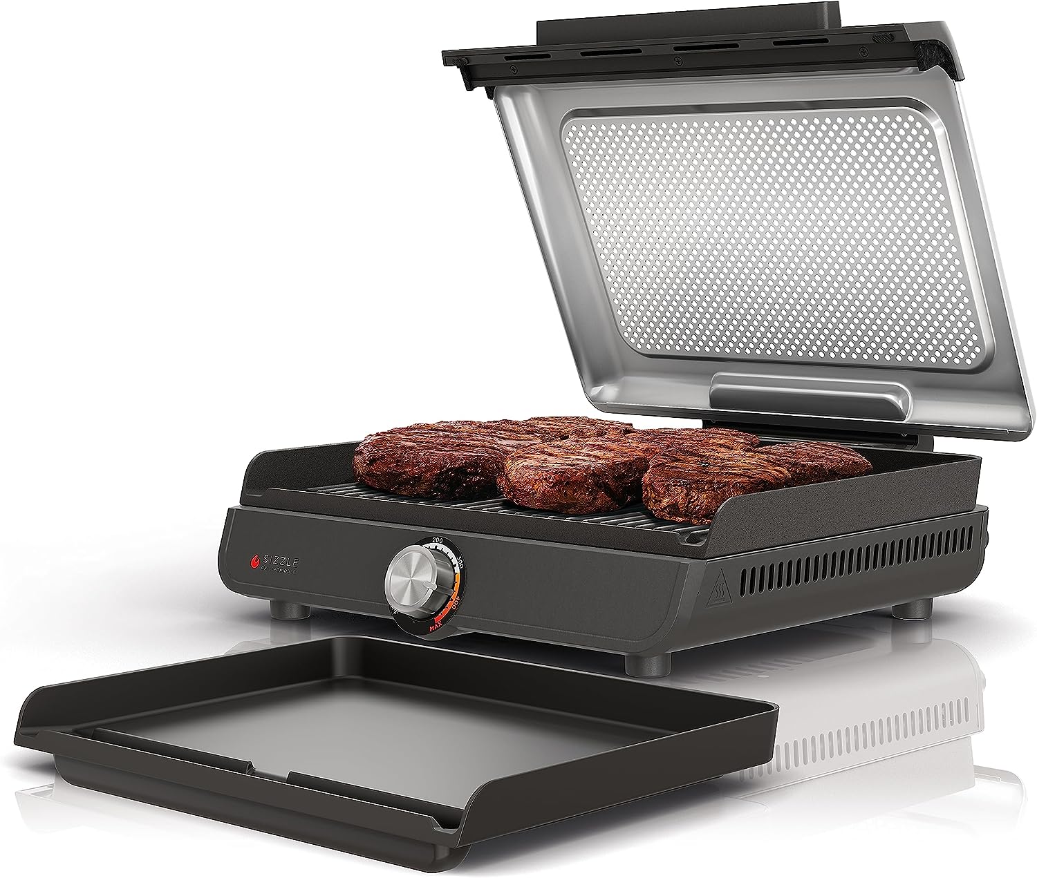 Smokeless Indoor Grill and Griddle. 14'' Nonstick Grill and Griddle Plates. Dishwasher-Safe Removable Mesh Lid. 500F Max Heat