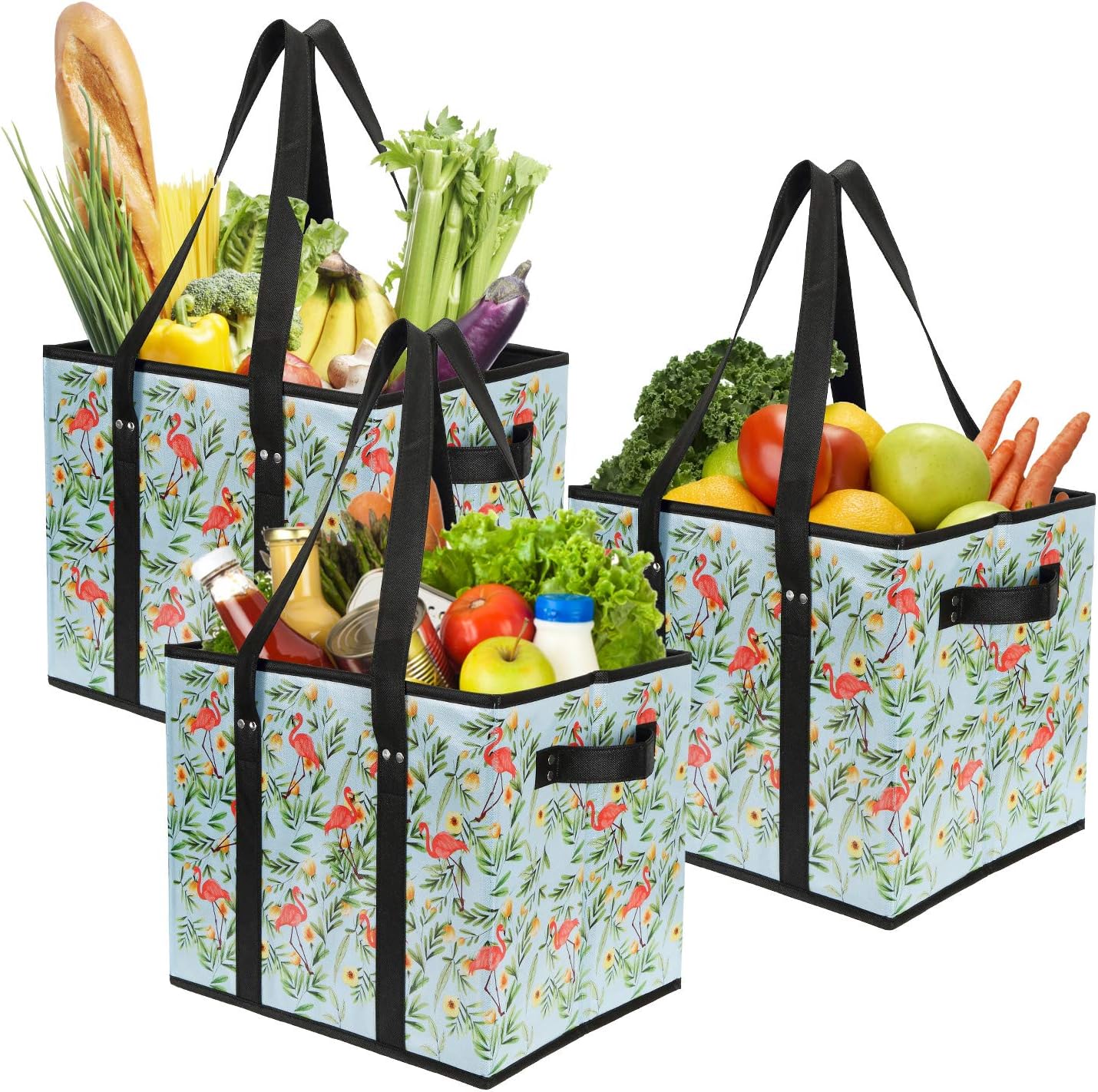 Reusable Grocery Bags Set Durable Heavy Duty Tote Bag Collapsible Grocery Shopping Box Bag with Reinforced Bottom. Pack of 3