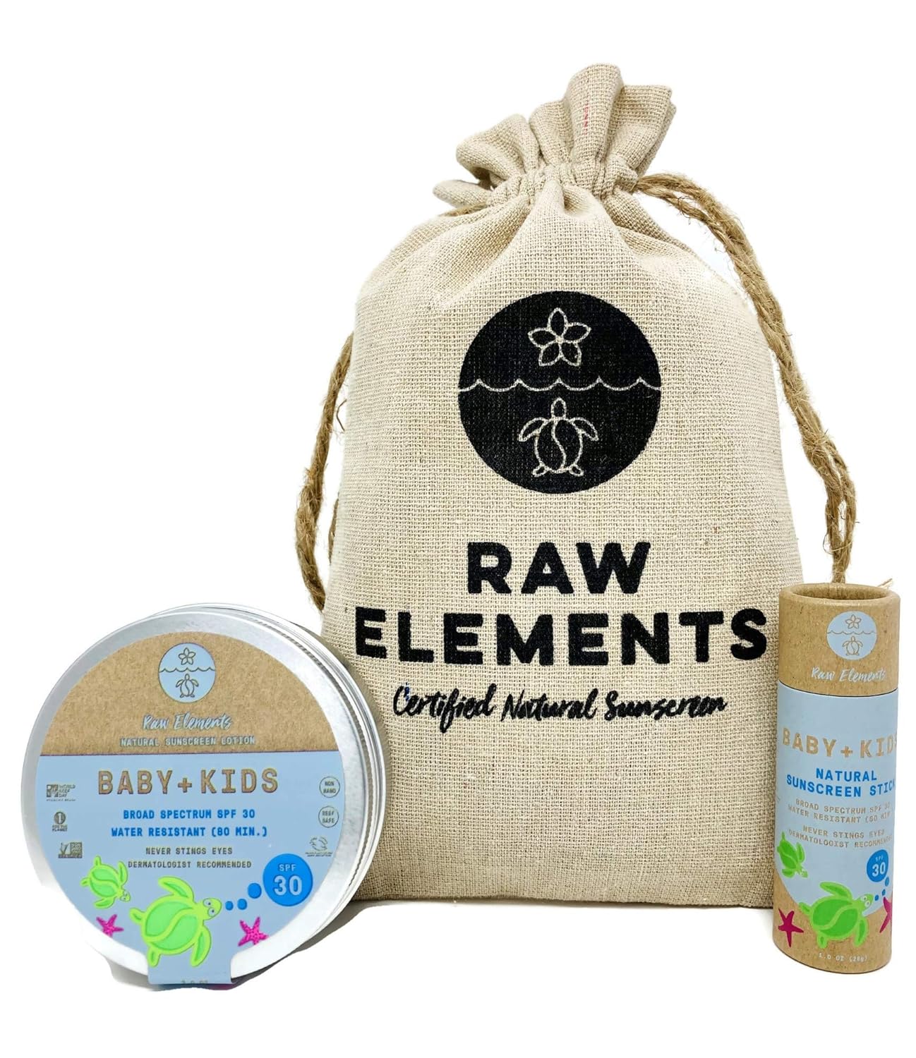 Zero-Waste Bundle Baby + Kids SPF 30 Organic Sunscreen with Lotion Tin 3oz. Lotion Stick 1oz and Hemp Drawstring Bag