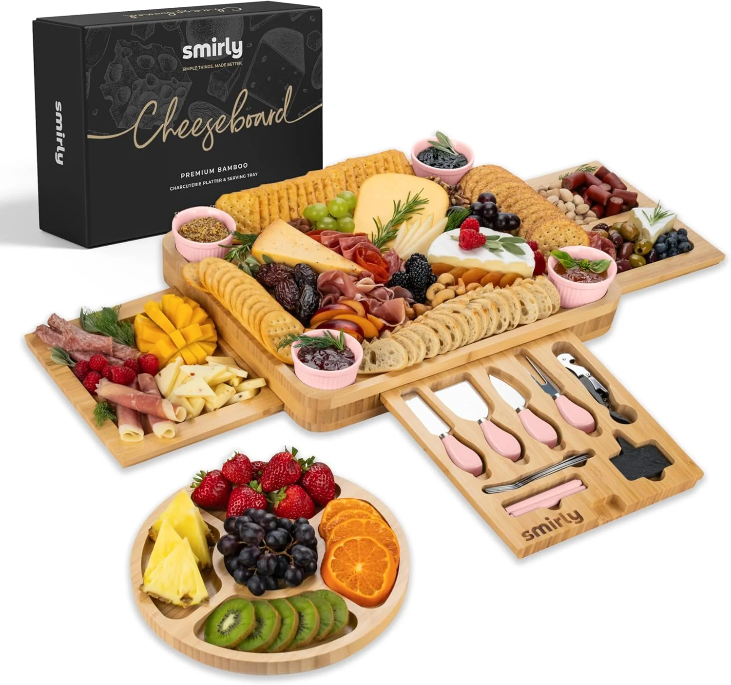 Bamboo Cheese Board and Knife Set - For Thanksgiving. Housewarming. Wedding. Anniversary. and Bridal Shower