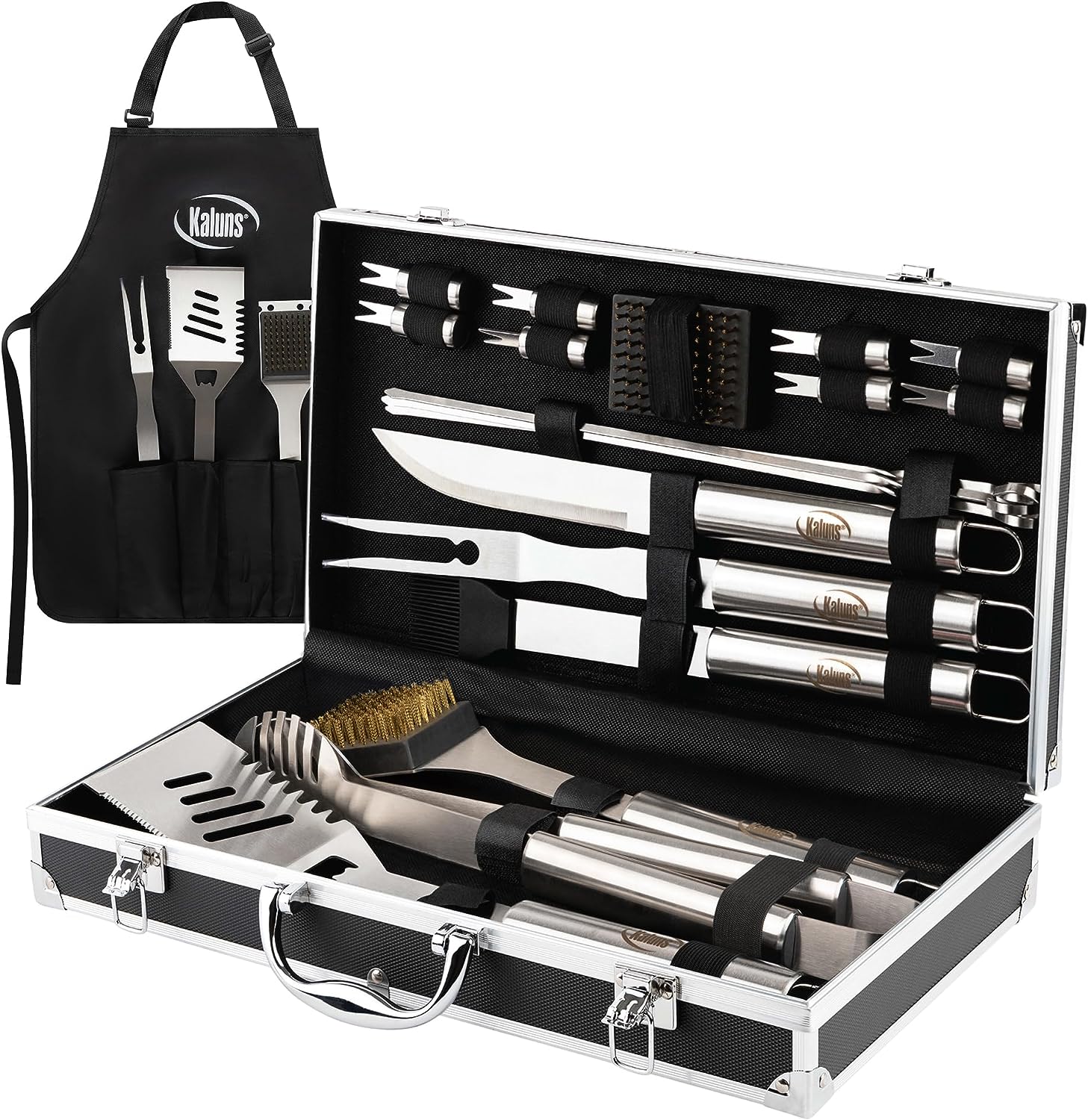 BBQ Grill Accessories. Grilling Accessories for Outdoor Grill. Heavy Duty Stainless Steel Grill Set with Aluminum Case and Apron