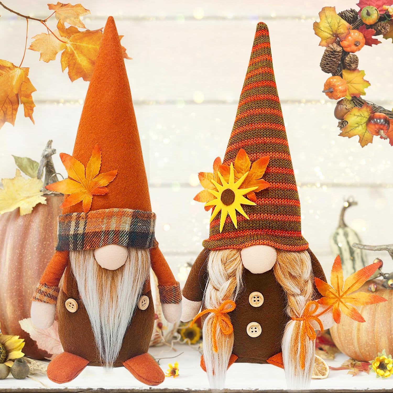Fall Gnomes Decor. 2-Pack Handmade Plush Swedish Gnomes with Maple Leaves for Autumn & Thanksgiving