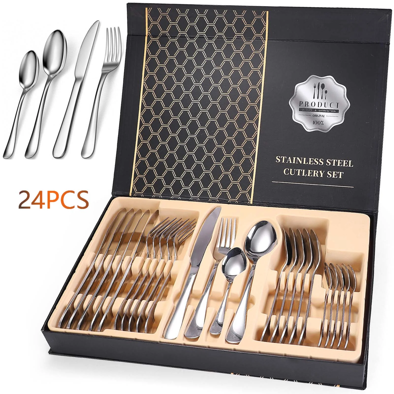 24 Piece Silverware Flatware Cutlery Set. Stainless Steel Utensils Service for 6