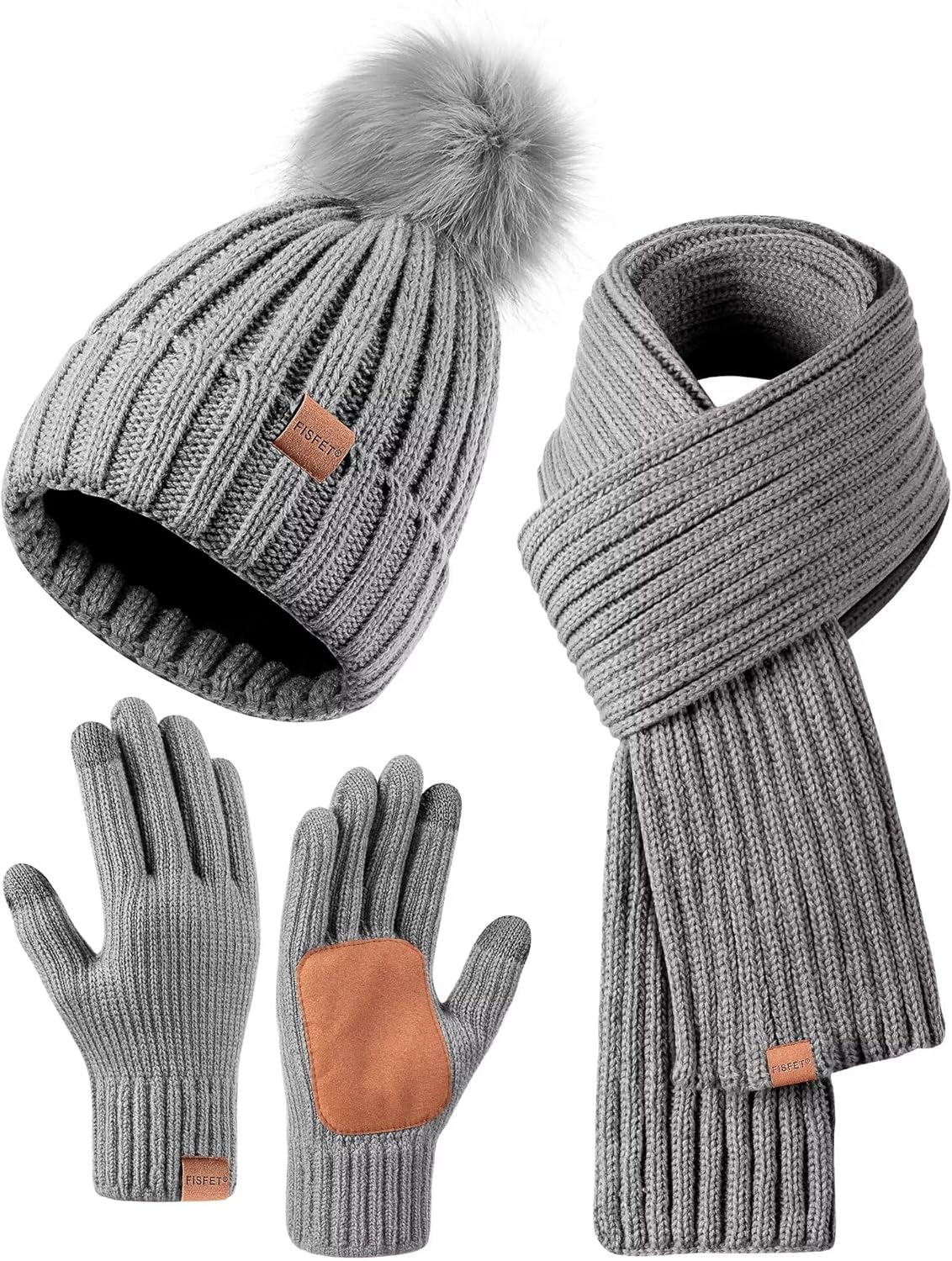 Winter Beanie Hat. Scarf & Gloves Set – Pom Pom Beanie. Neck Warmer & Touchscreen Gloves 3-in-1
