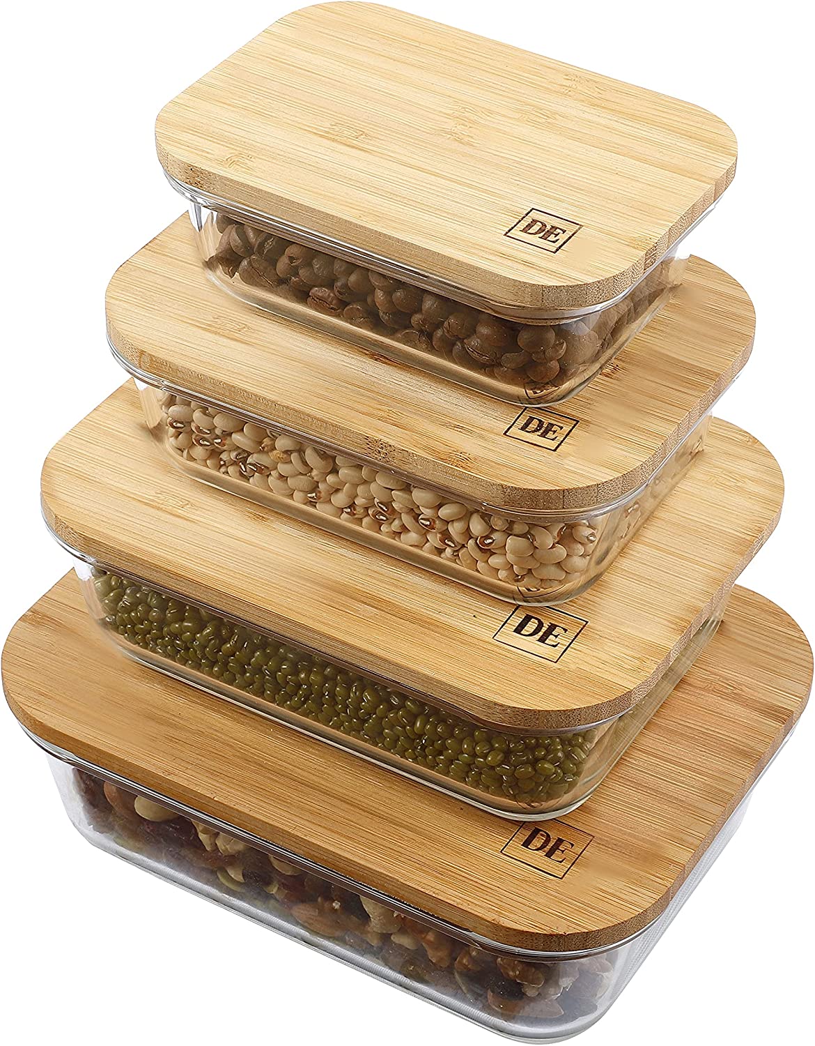 Glass Food Storage Containers with Eco-Friendly Bamboo Wooden Lids. Set of 4