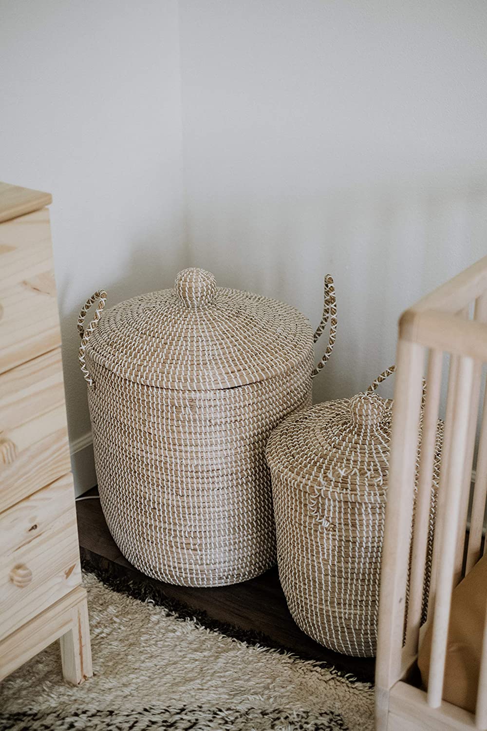 Bohemian Seagrass Laundry Hamper Basket. Storage Bin. Home Decor. Portable. 100% Eco-Friendly. Set of 2 Large and Medium