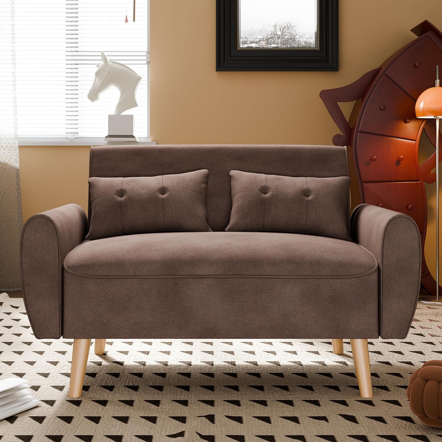 47 Small Modern Loveseat Sofa. Linen Fabric 2-Seat Sofa Couch with Back Cushions and Tapered Wood Legs