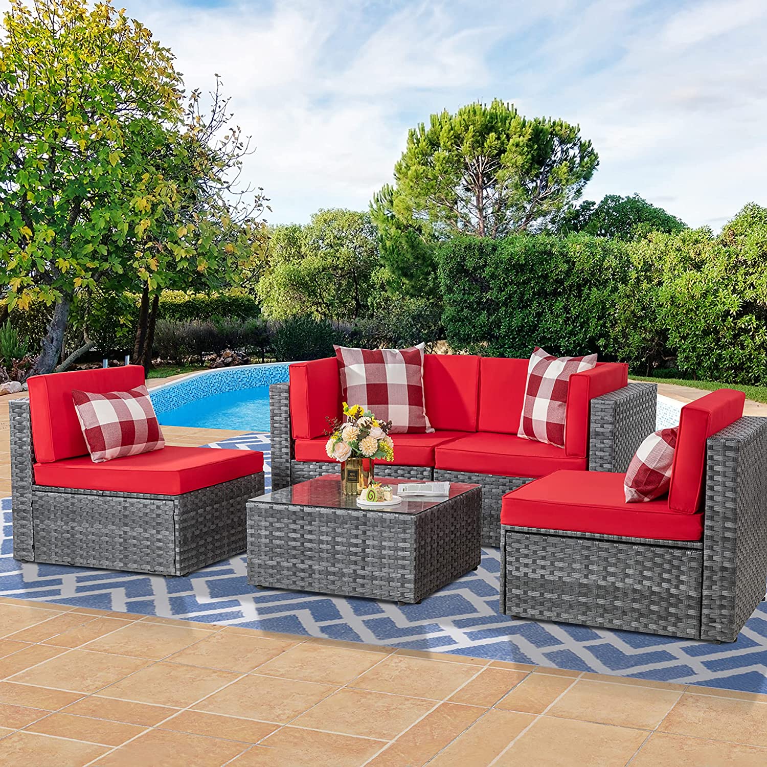 5 Pieces Outdoor Patio Sectional Sofa Couch with Washable Cushions & Glass Coffee Table for Garden. Poolside. Backyard