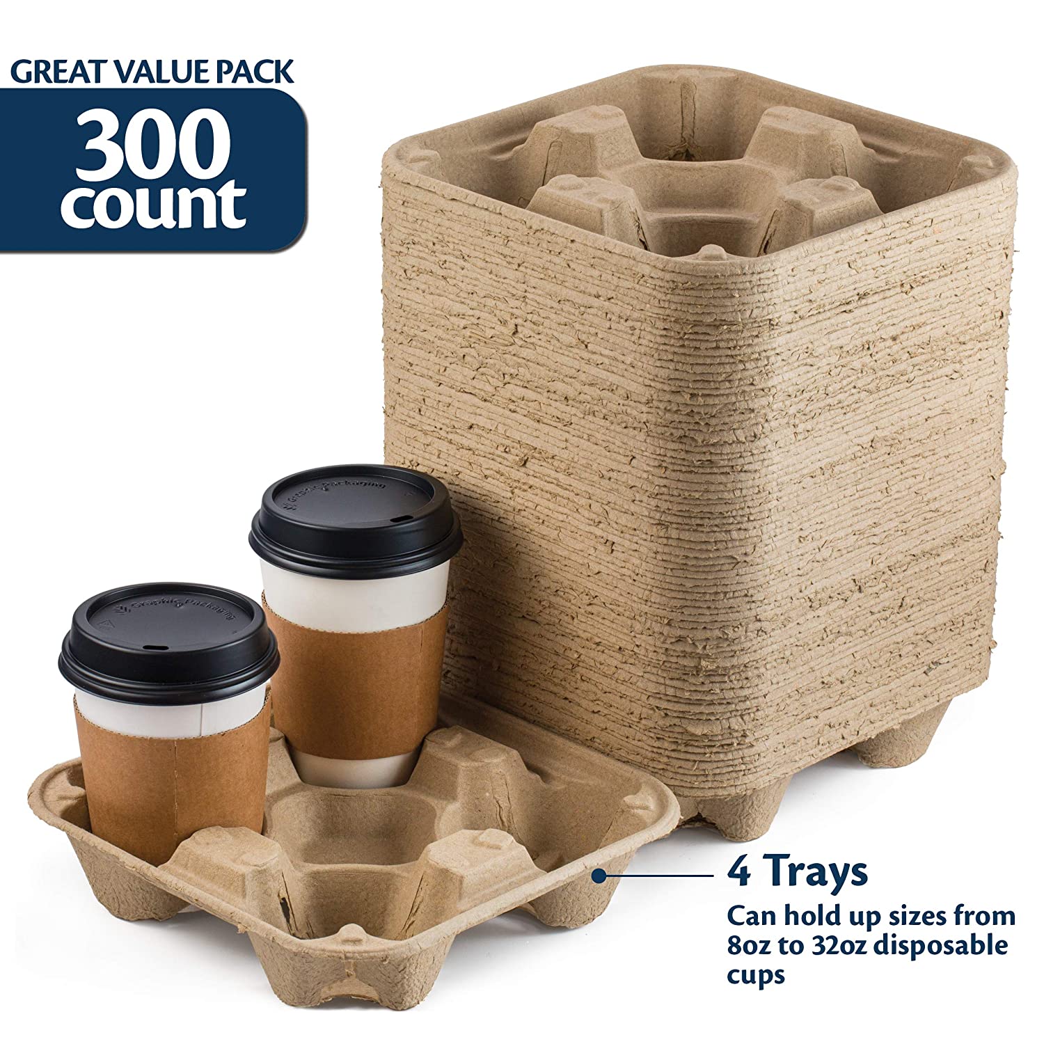 Drink Carrier Tray - Pulp Fiber Compostable Stackable Ecofriendly. 300 Pack