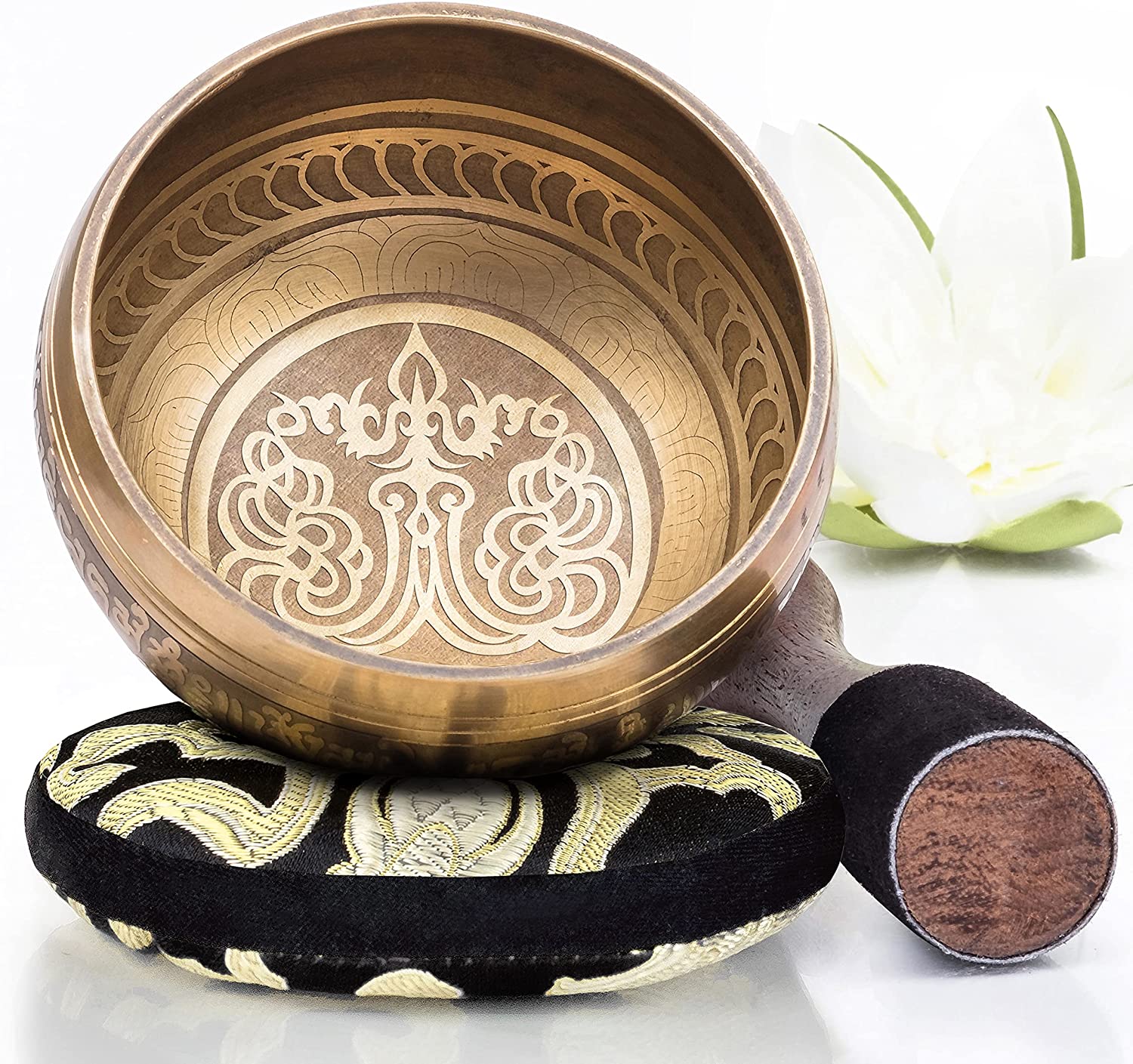 Tibetan Singing Bowl Set. Balance & Harmony Design With Dual Surface Mallet and Silk Cushion. Promotes Peace. Healing. Mindfulness