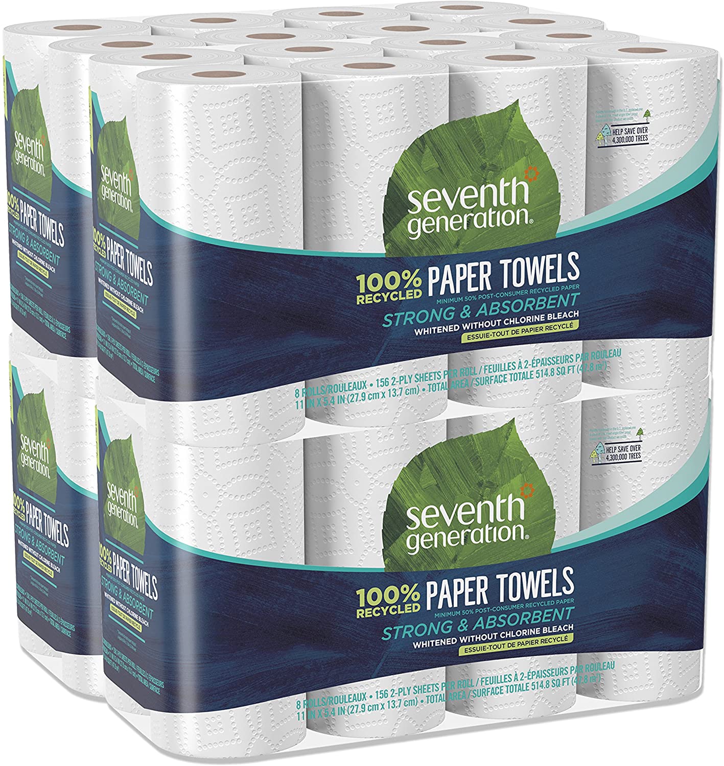 Paper Towels. 100% Recycled Paper. 2-ply. 8 Count. Pack of 4