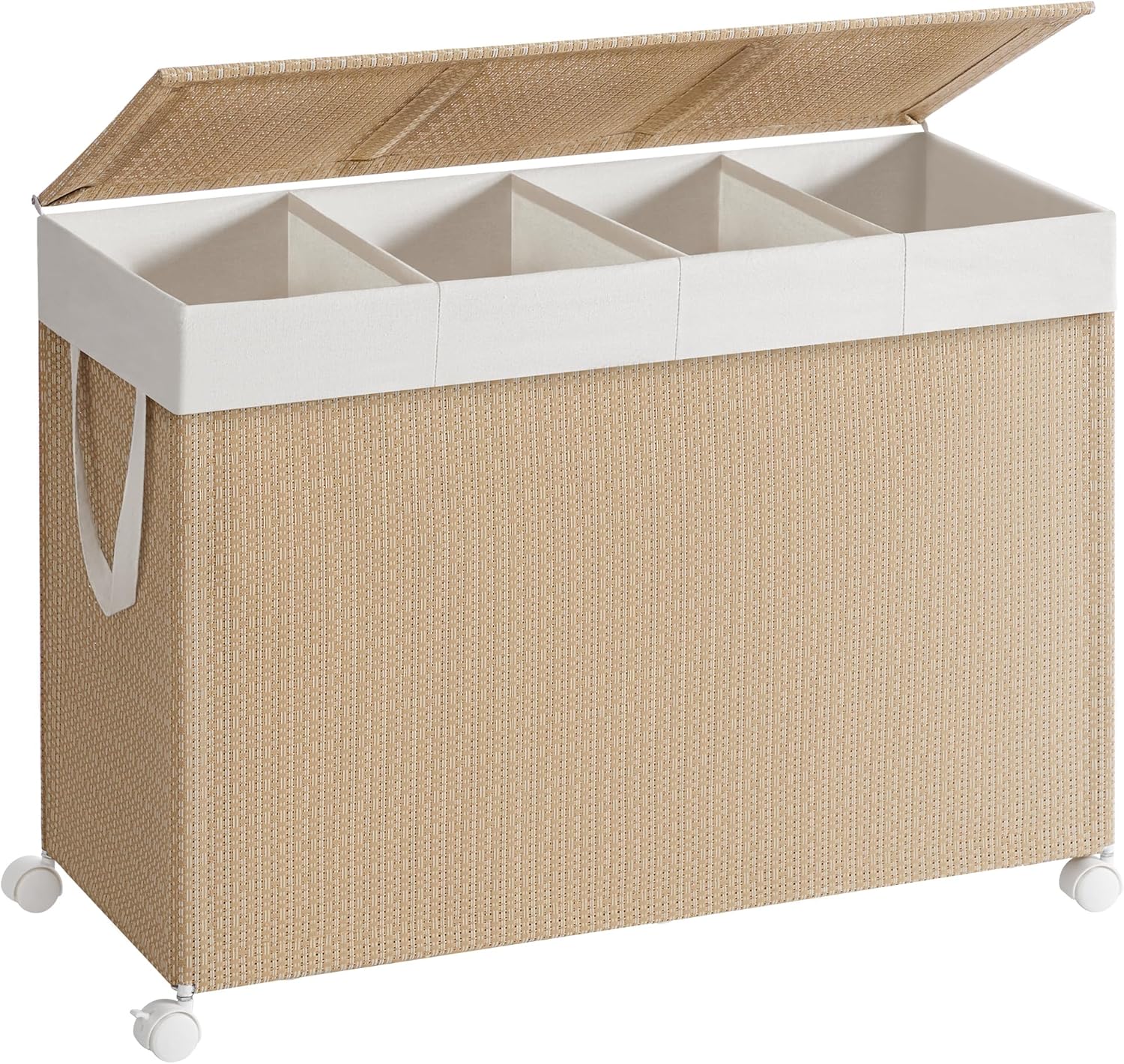 Laundry Hamper with 4 Sections | Rattan Laundry Basket with Lid. Wheels & Removable Liner