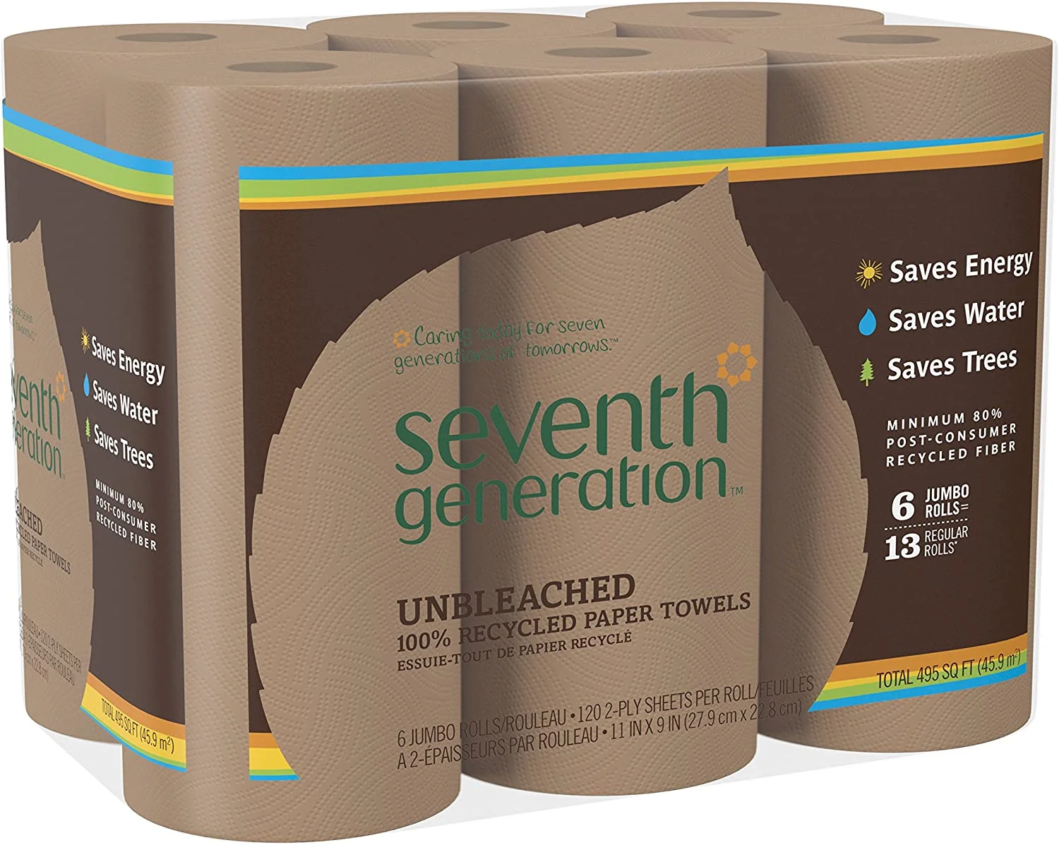 Unbleached Paper Towels. 100% Recycled Paper. 6 Count. Pack of 4