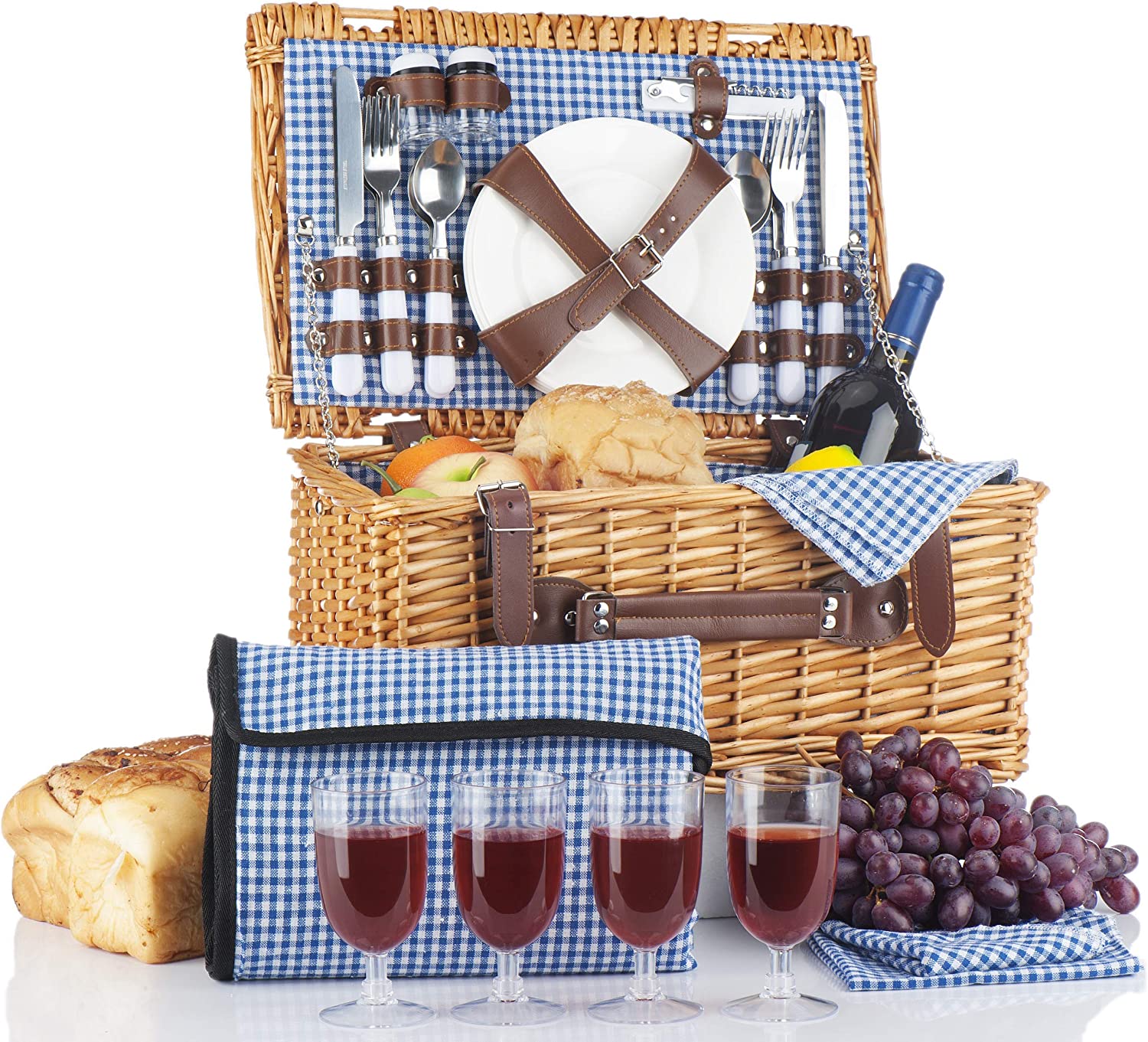 Picnic Basket for 4 Person. Basket. Folding Picnic Blanket. Table Set. Plates Utensils. Hamper Cutlery Set