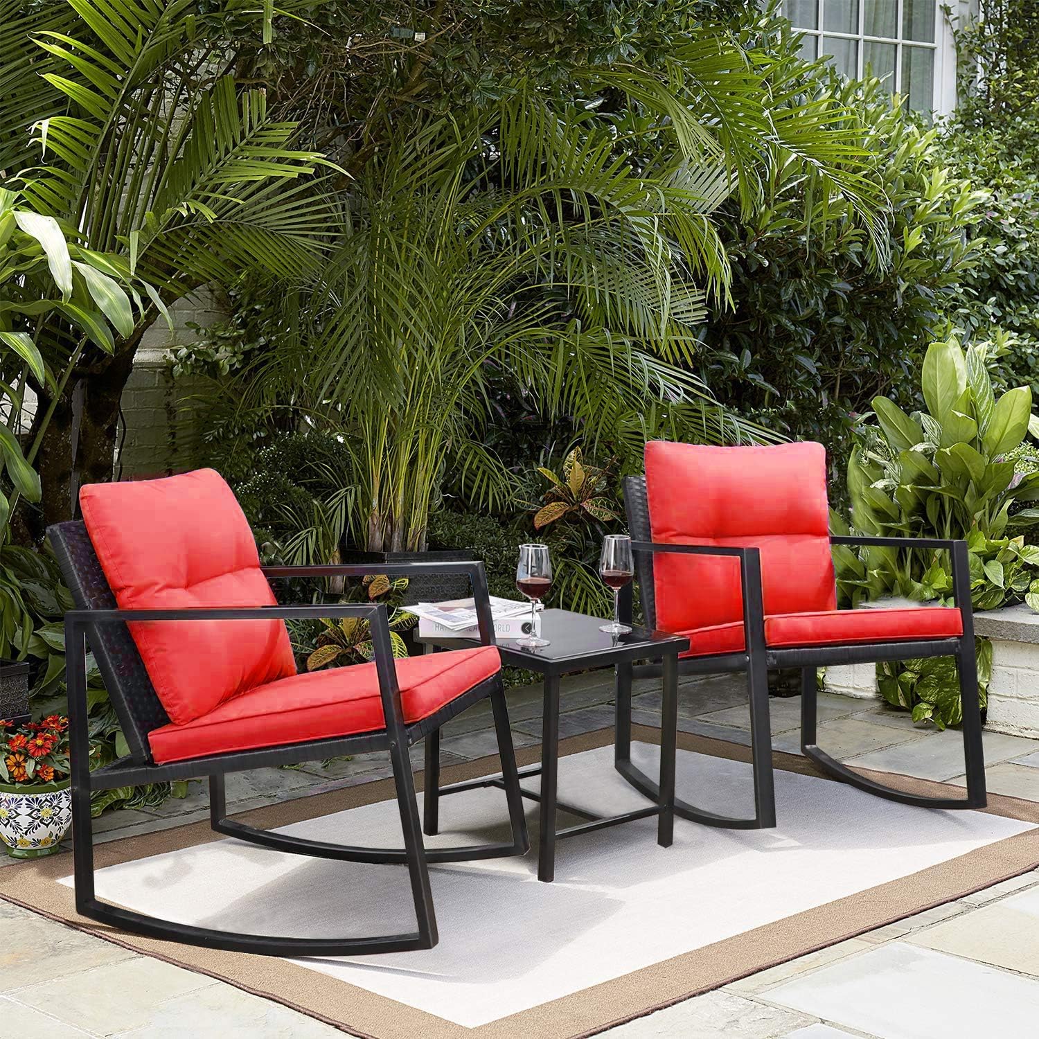 3 Pieces Rocking Wicker Bistro Set. Patio Outdoor Furniture Conversation Sets with Porch Chairs and Glass Coffee Table