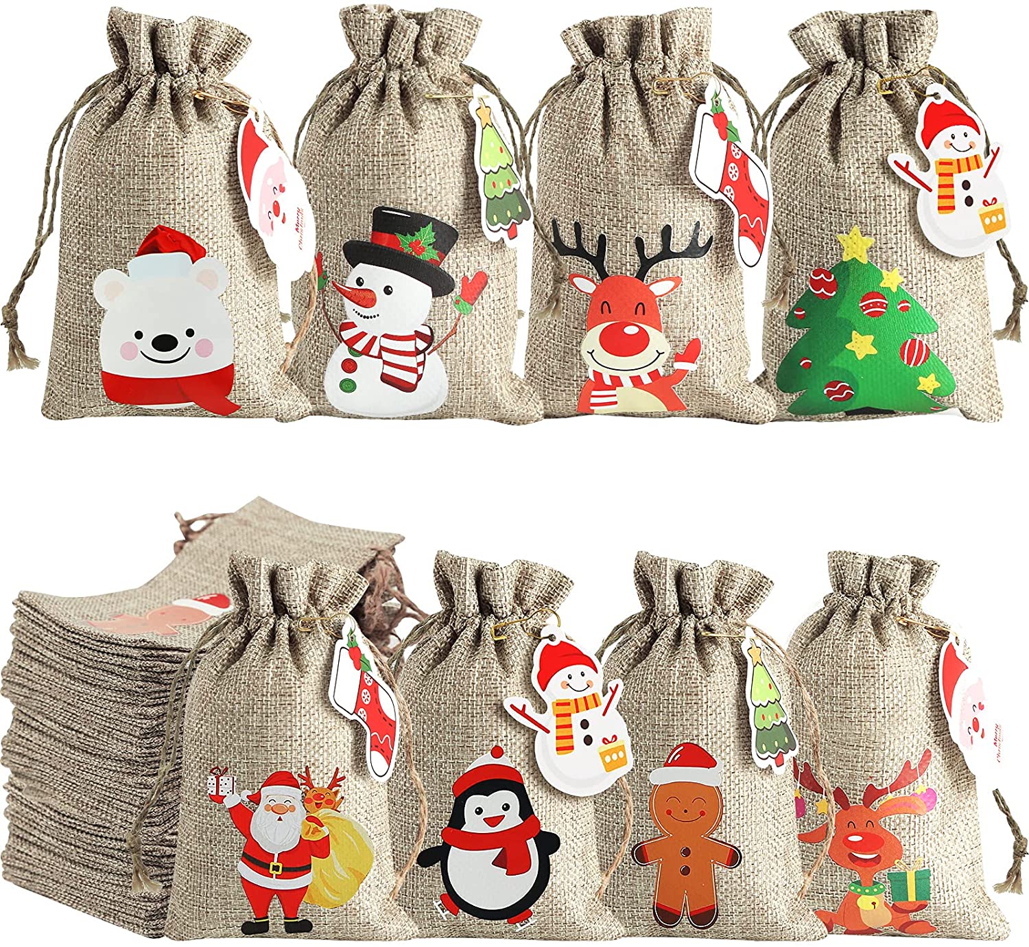 Christmas Jute Drawstring Burlap Bags. 16 Pcs Small Craft Bags Gift Treat Candy Bags