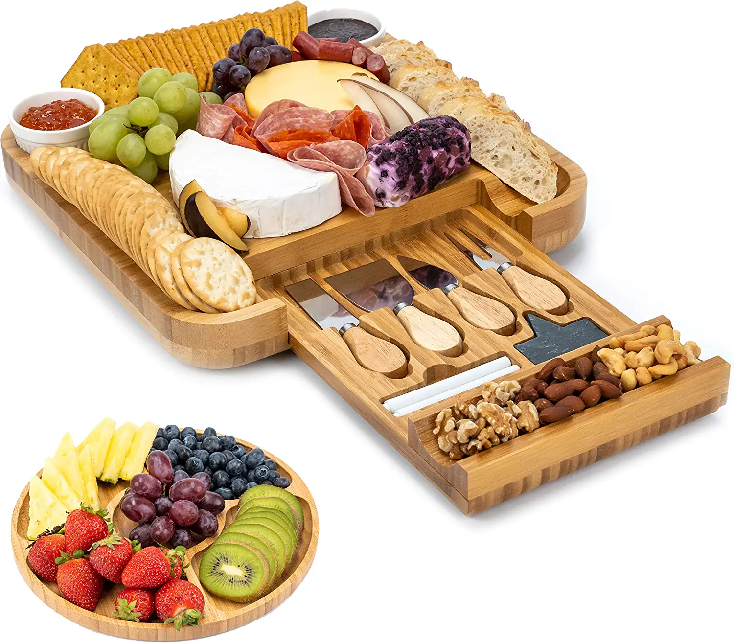 Bamboo Platter and Serving Tray for Wine. Cracker. Brie and Meat