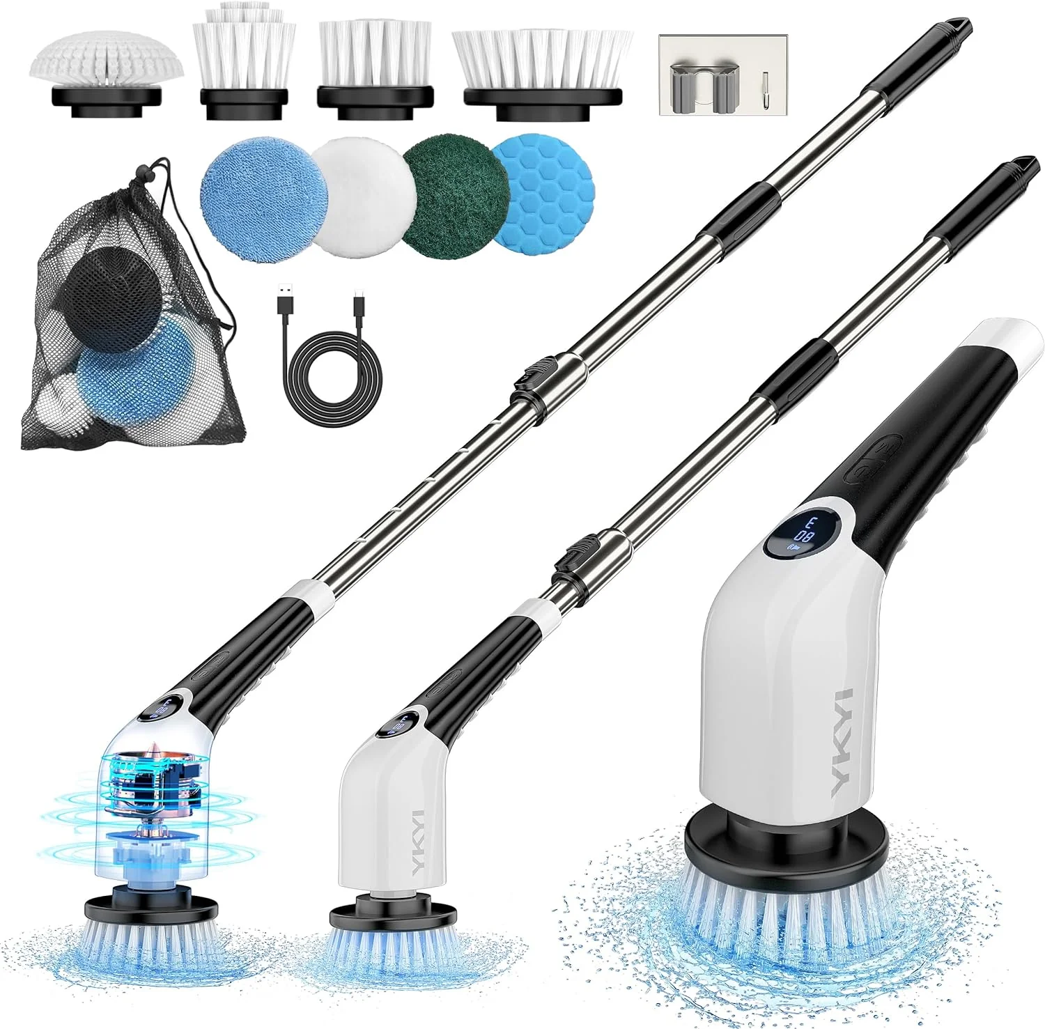 Electric Spin Scrubber. Cordless Cleaning Brush with 8 Replaceable Brush Heads. 3 Adjustable Speeds. Adjustable & Detachable Long Handle. Voice Broadcast