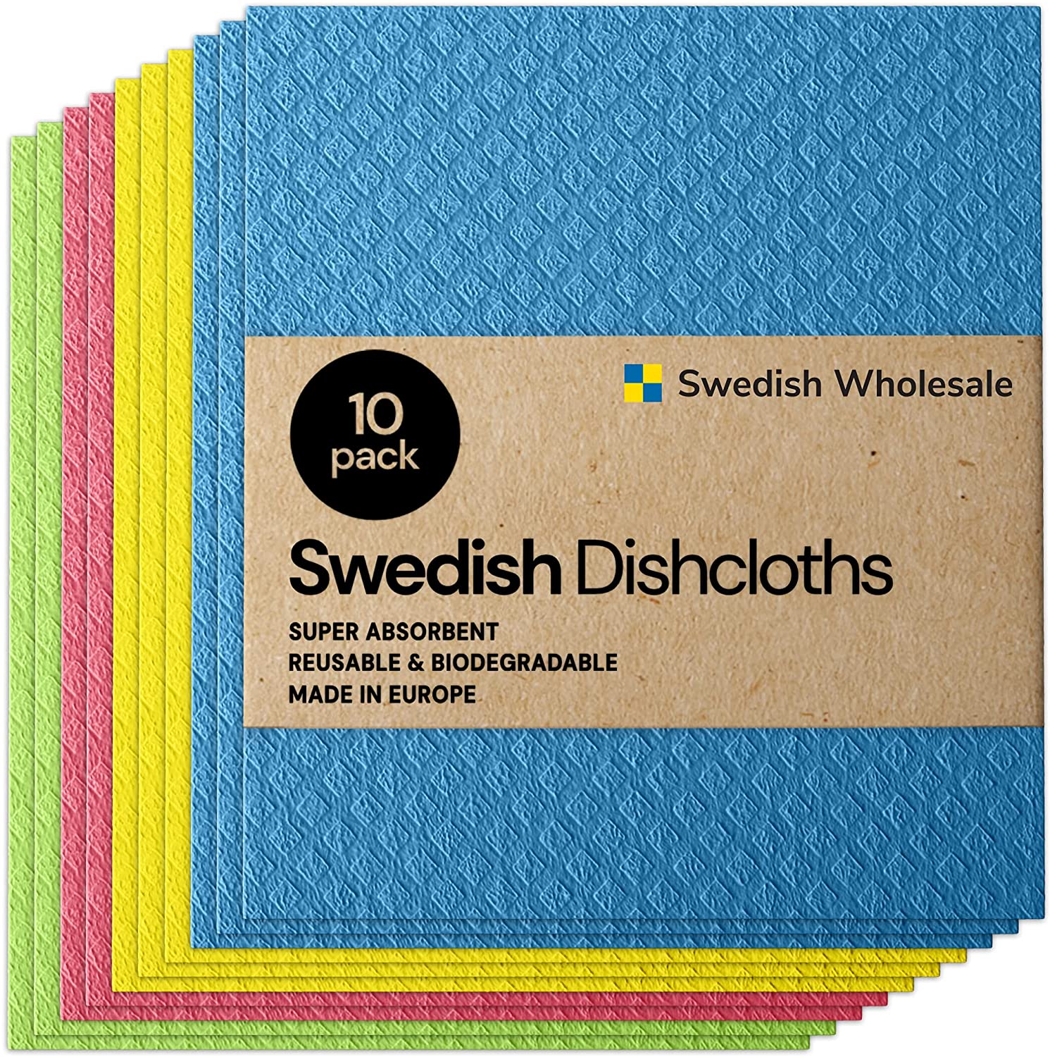 Swedish Dish Cloths - Pack of 10. Reusable. Absorbent Hand Towels for Kitchen. Bathroom and Cleaning Counters