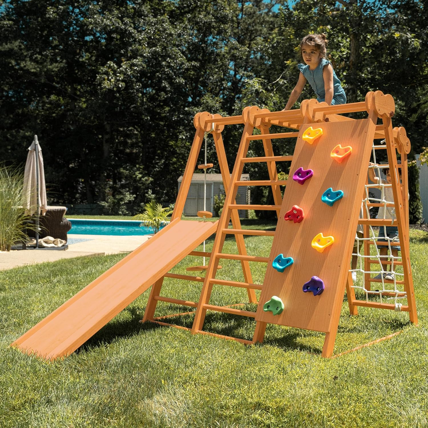 8-in-1 Indoor Playset - Slide. Climbing Wall. Monkey Bars & Swing