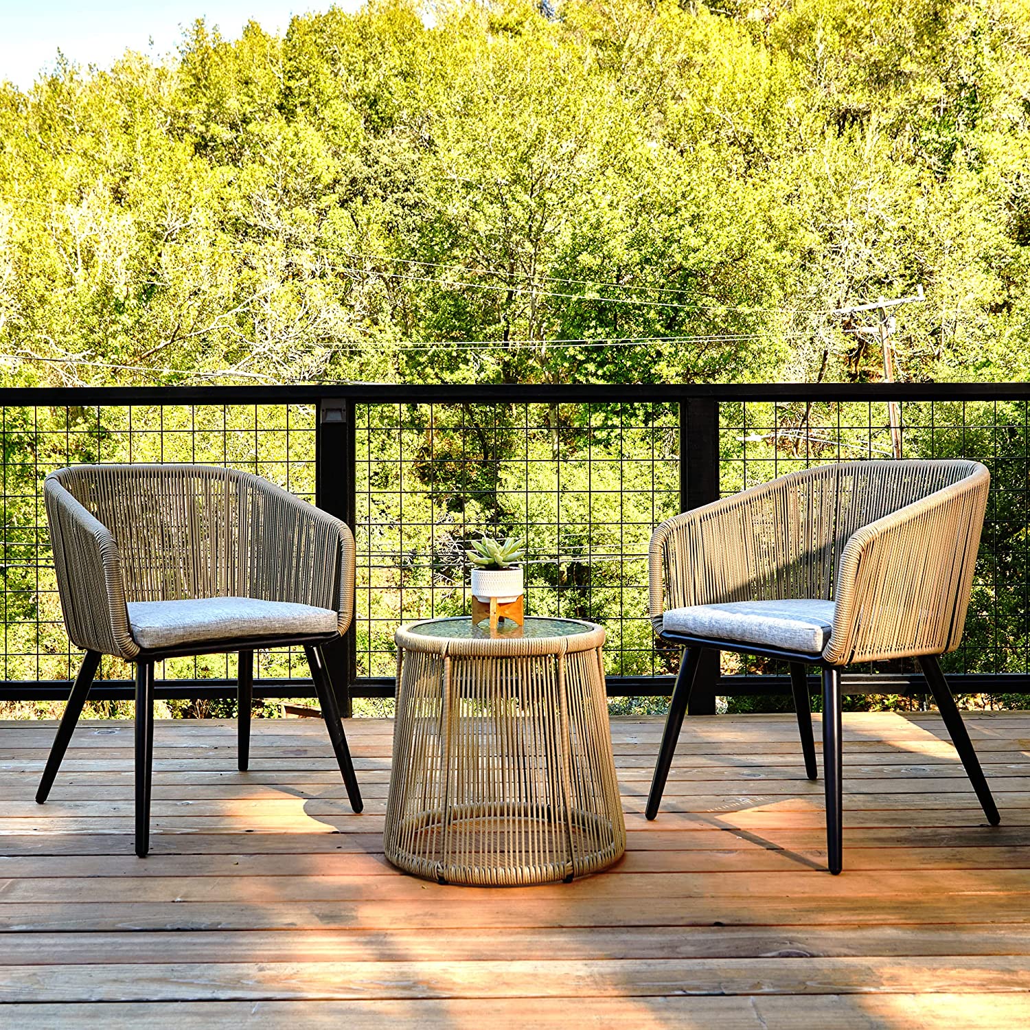 Patio Furniture Set 3 Piece. Handwoven Rattan Wicker Chairs with Waterproof Cushions. Tempered Glass Top Coffee Table
