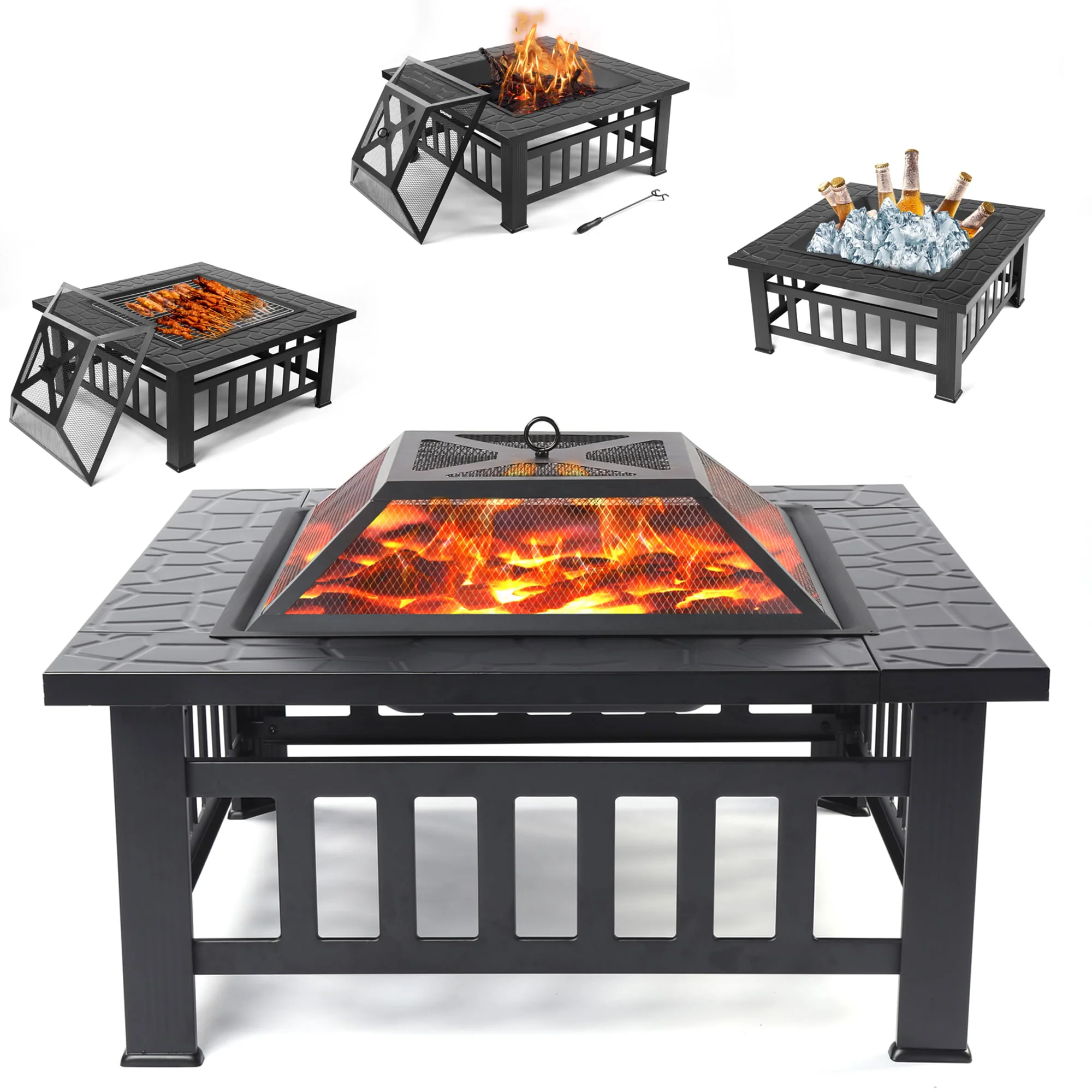 Outdoor Metal Fire Pit for Outside. Hex-Shaped Steel Fire Pit w/ Flame-Retardant Lid with Poker