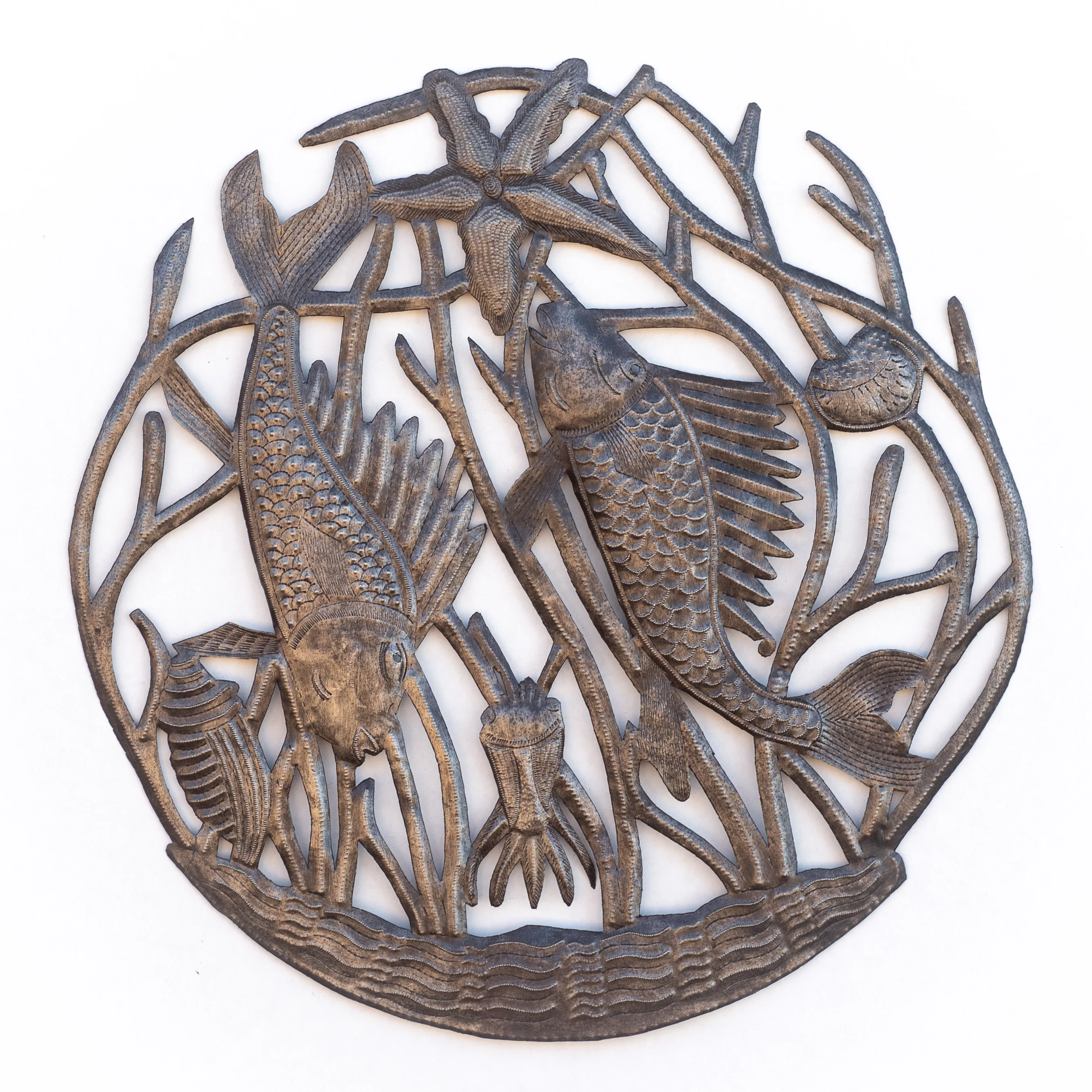 Handmade Haitian Aquatic Art. Fish in the Kelp. Eco-Friendly Fair Trade Decor 23x23in